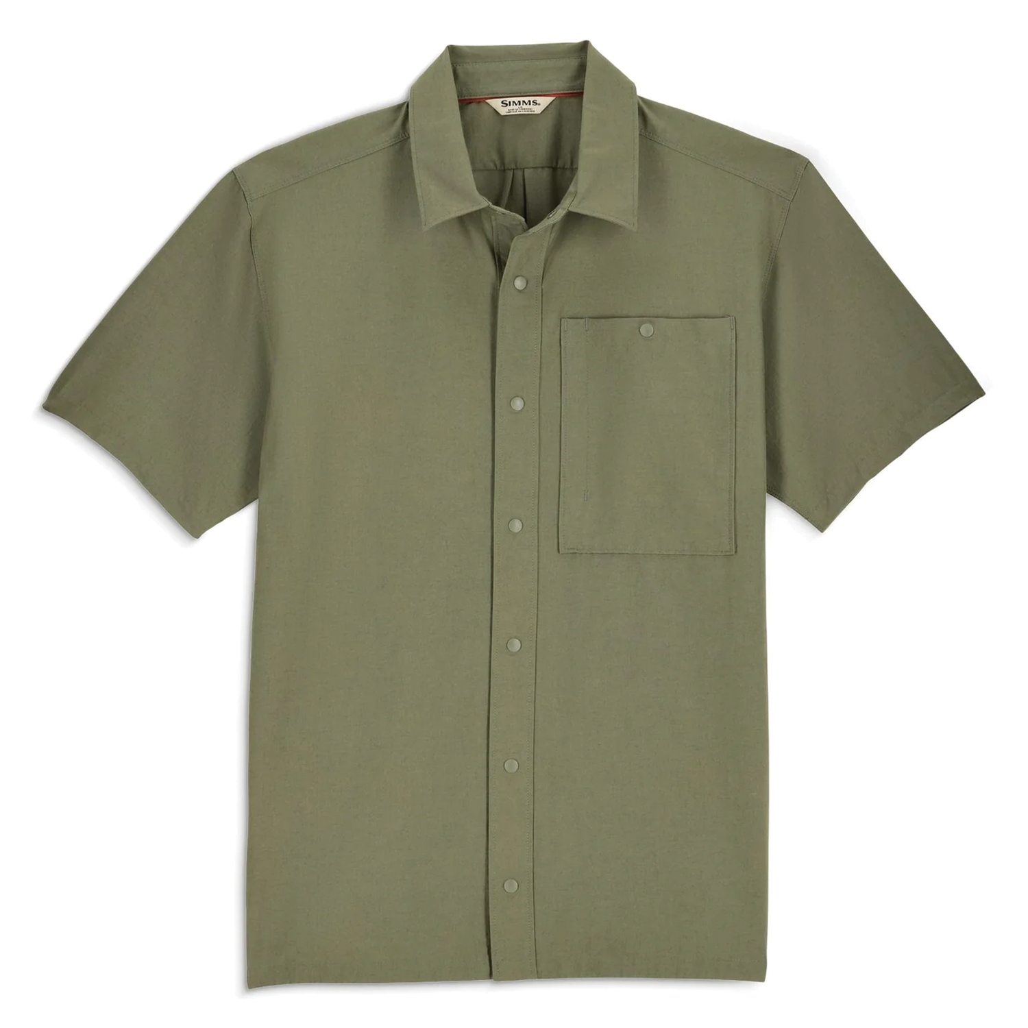 Simms Tailout SS Shirt - Men's, short-sleeve olive green fishing shirt featuring a button-up front and a single chest pocket, designed for comfort and practicality in fishing tackle activities.