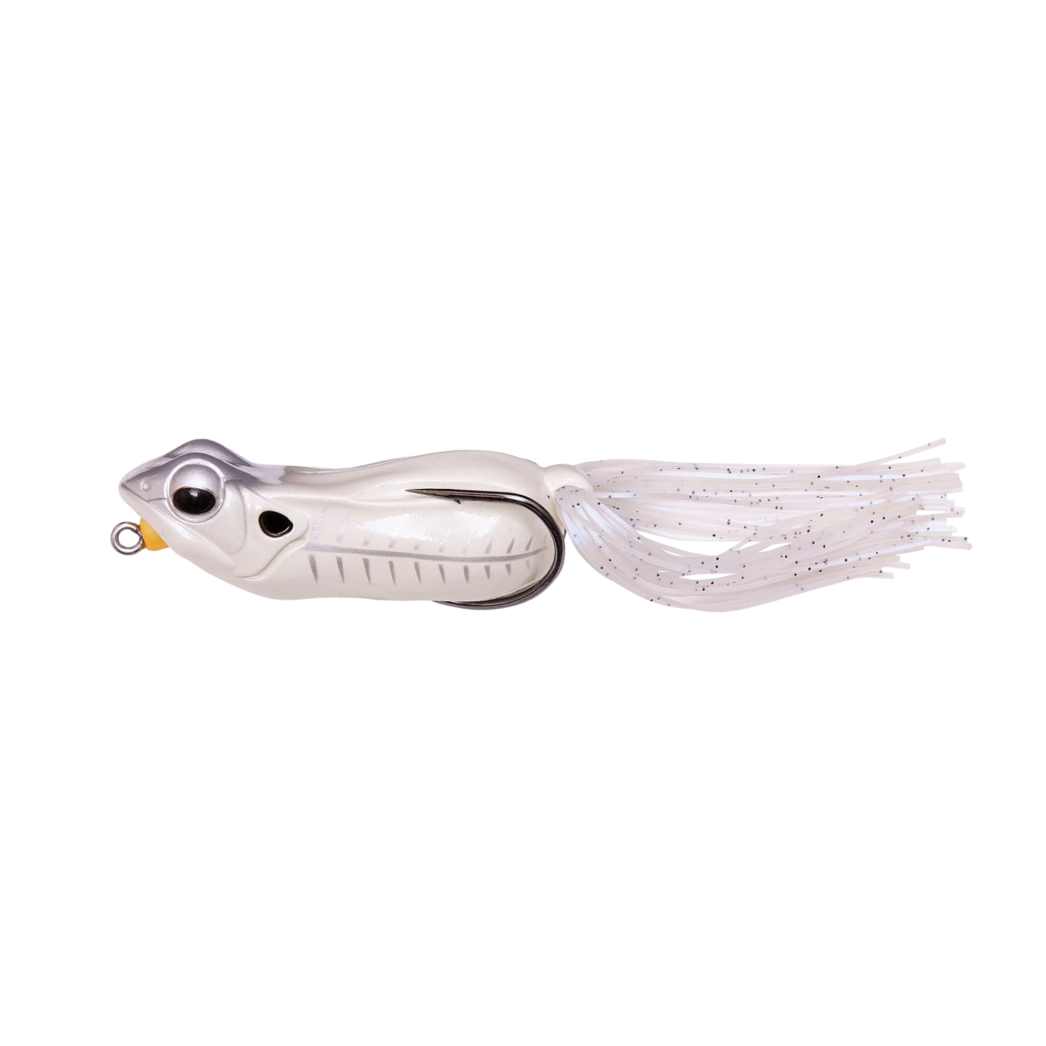 Megabass Big Gabot fishing lure designed with a detailed fish-shaped head and a soft, white skirt with black speckles, ideal for musky and other large freshwater fishing.