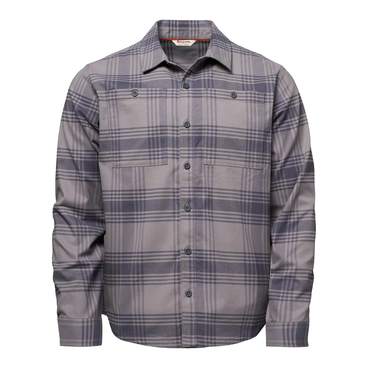Simms Tailout Flannel - Men's gray plaid long sleeve button up shirt with chest pockets and button cuffs shown against a white background