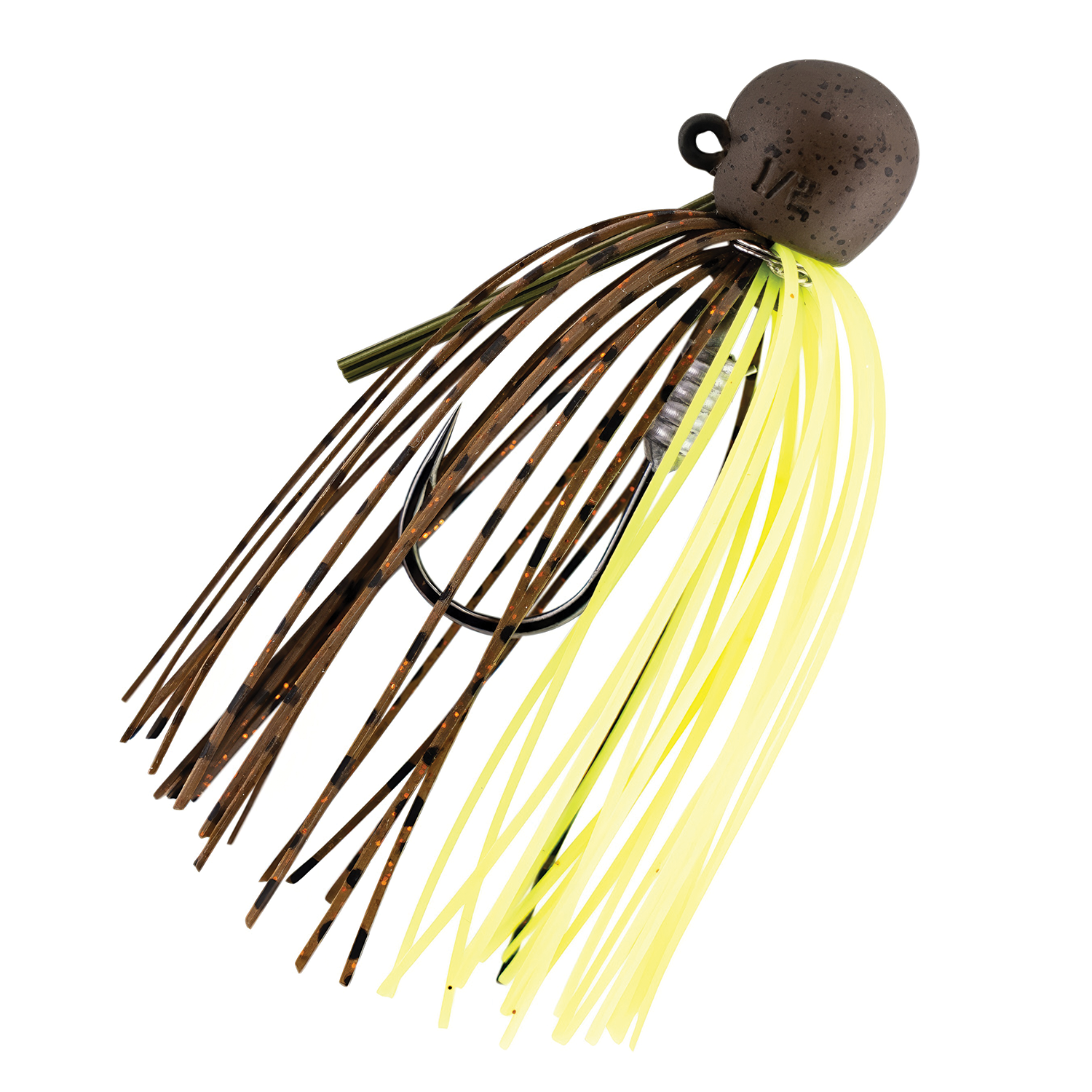 Z-Man TRD Finesse Jig fishing lure with brown and yellow silicone skirt strands and a weighted head designed for finesse fishing techniques.