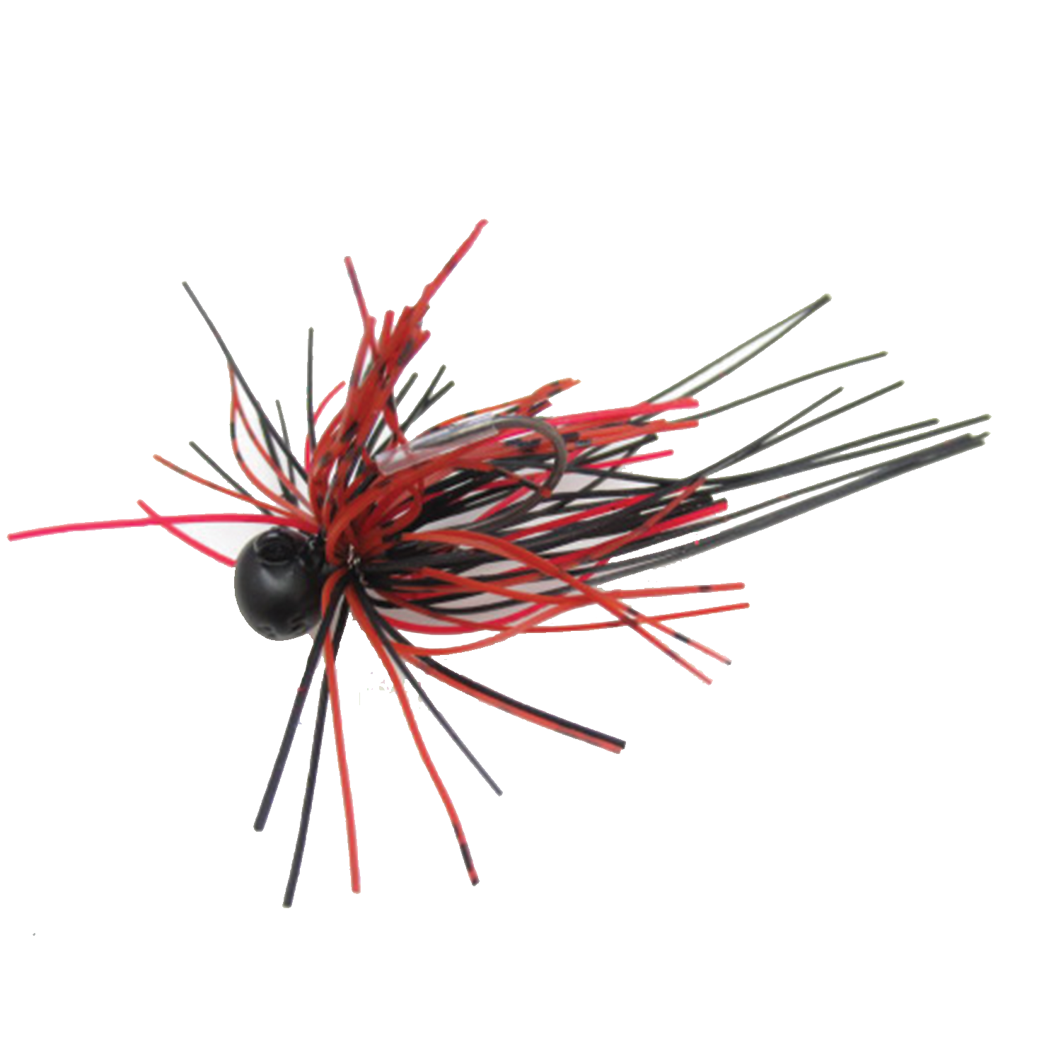 Issei Bibibi Shot fishing lure with black and red flexible skirt strands and black weighted head, designed for musky fishing tackle use.