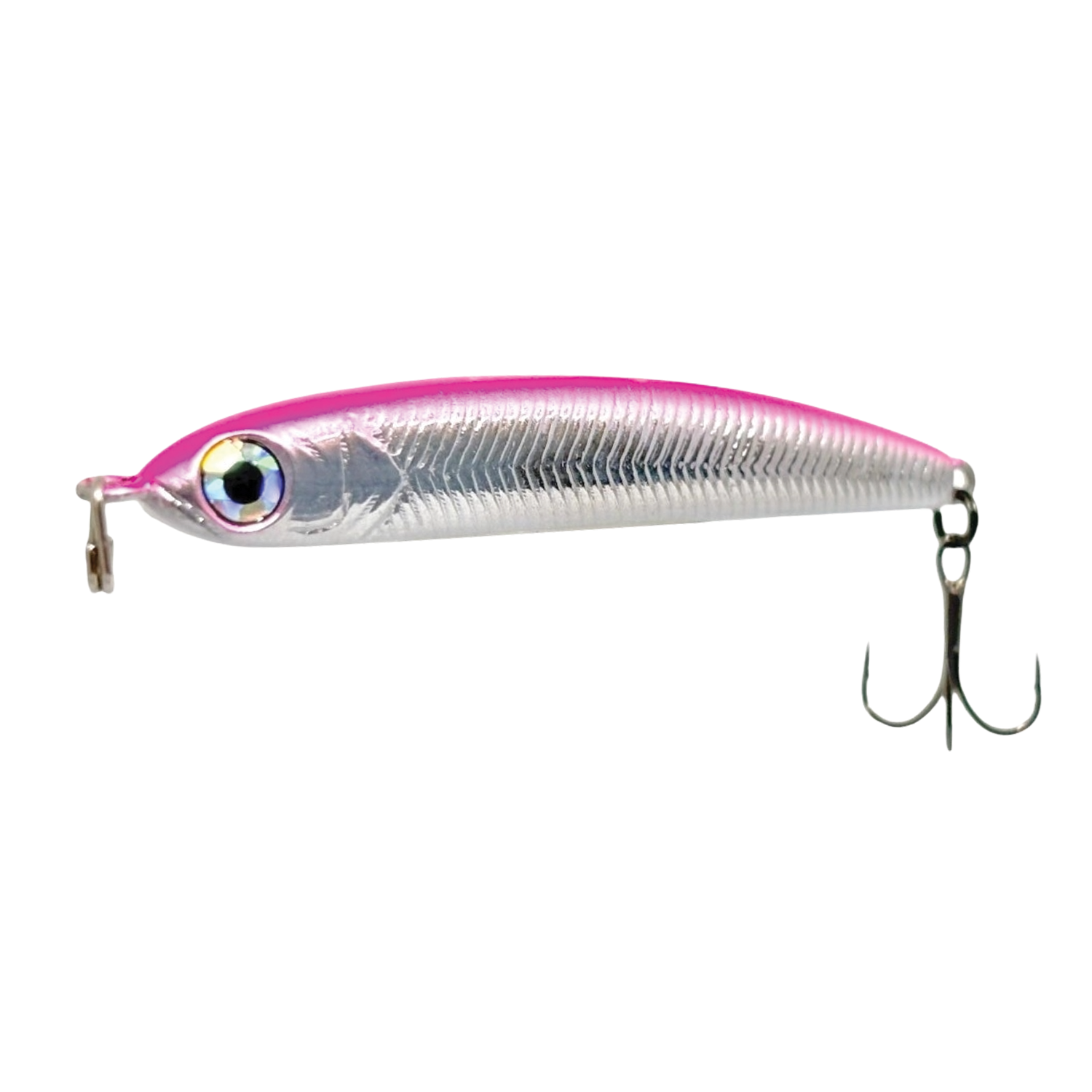 Fishing lure with pink and silver body on a white background