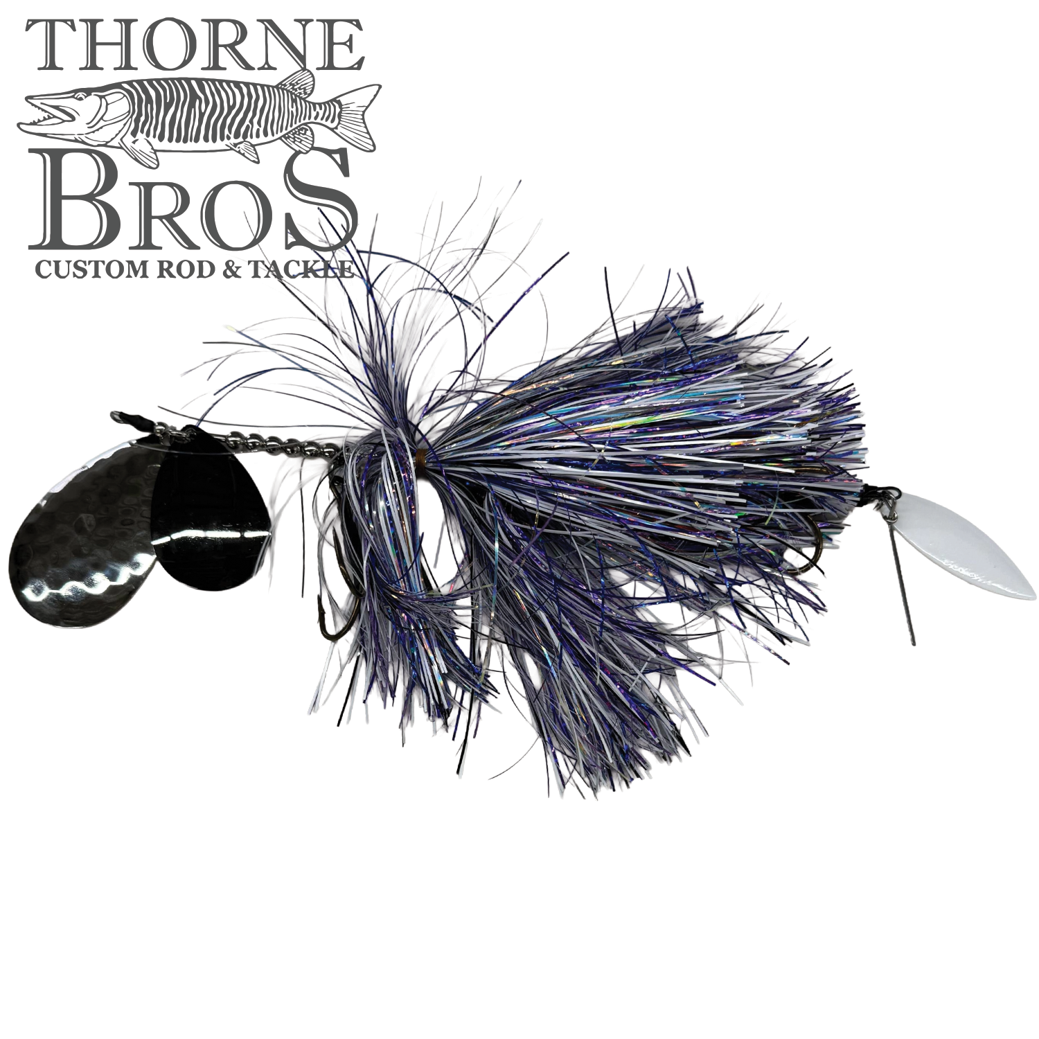 Hunsy Tails 8/10 Banger fishing lure featuring black and silver spinner blades, iridescent black and blue skirt strands, designed for musky fishing tackle at Thorne Bros.
