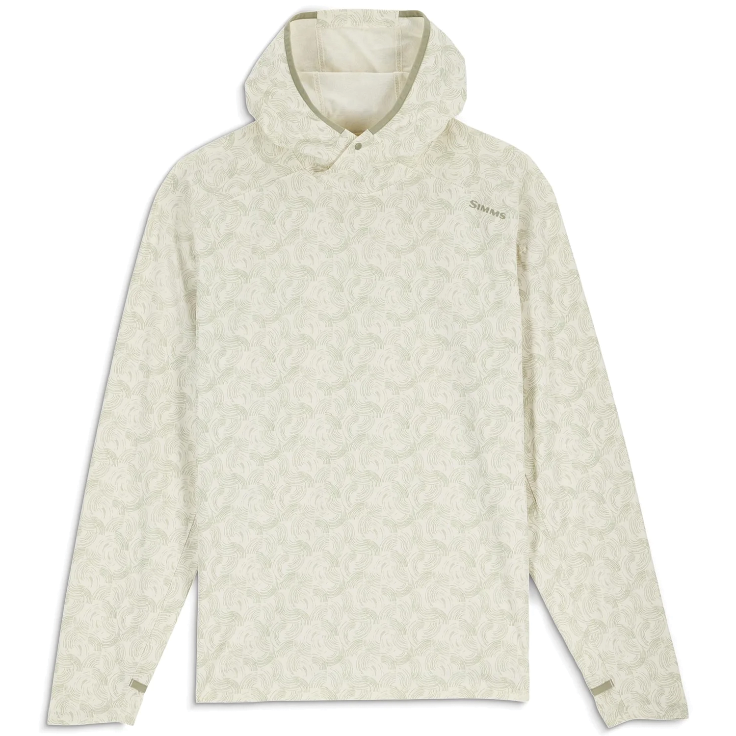 Simms SolarFlex Hoody - Men's (New 2026) in light beige with subtle swirling pattern, long sleeves, attached hood, and thumb loops, designed for fishing and outdoor activities.
