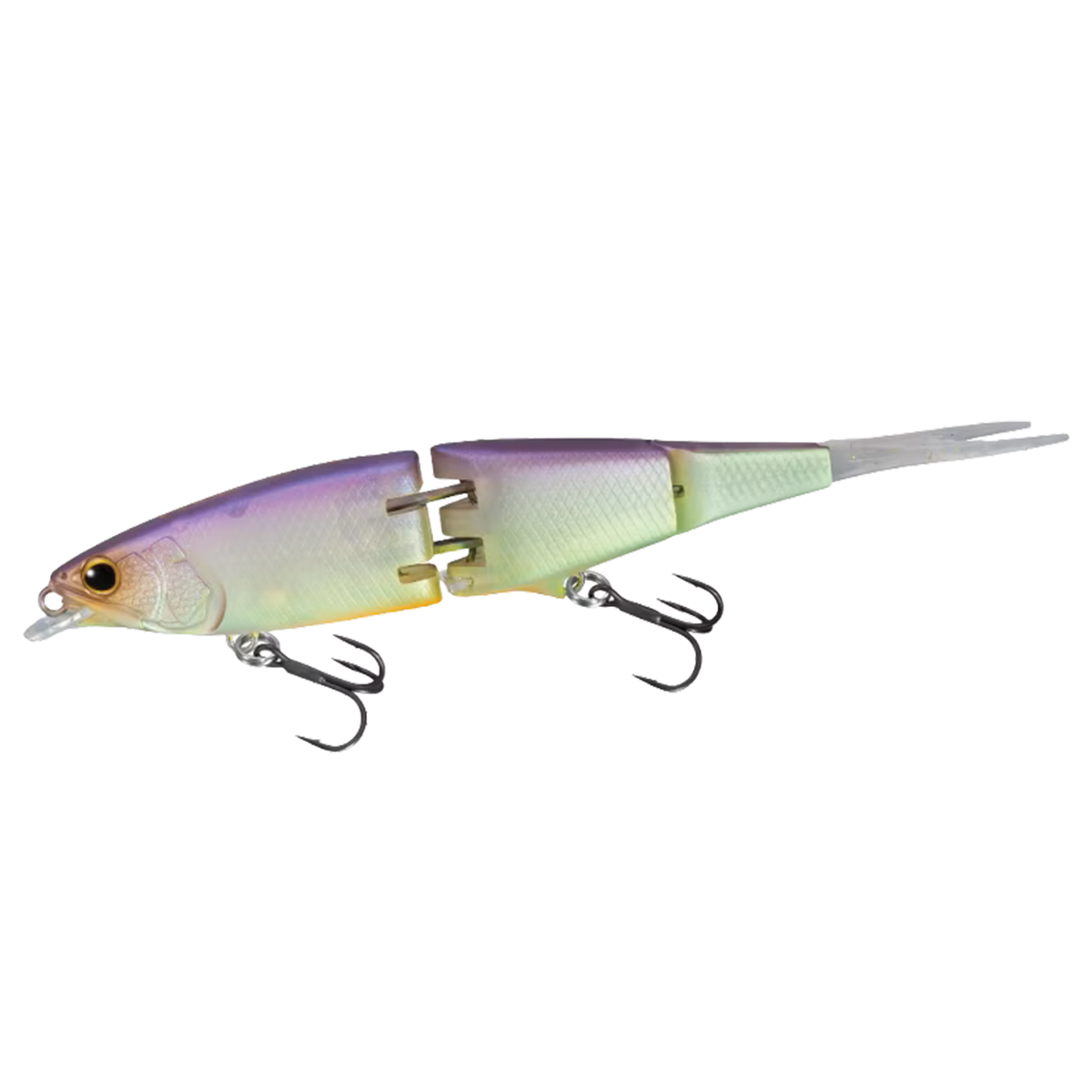 Shimano Facer 85+SF fishing lure with segmented body in iridescent green and purple hues, featuring dual treble hooks and detailed fish scale texture.