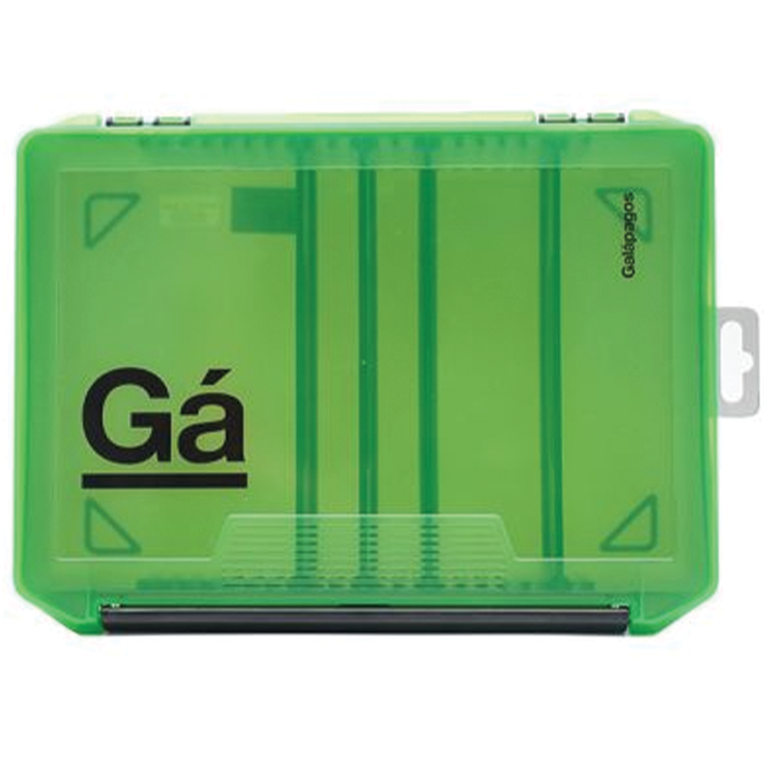 Green translucent plastic Galápagos Gá Tackle Box with black latch and black bold Gá logo, designed for organizing fishing tackle and lures efficiently.