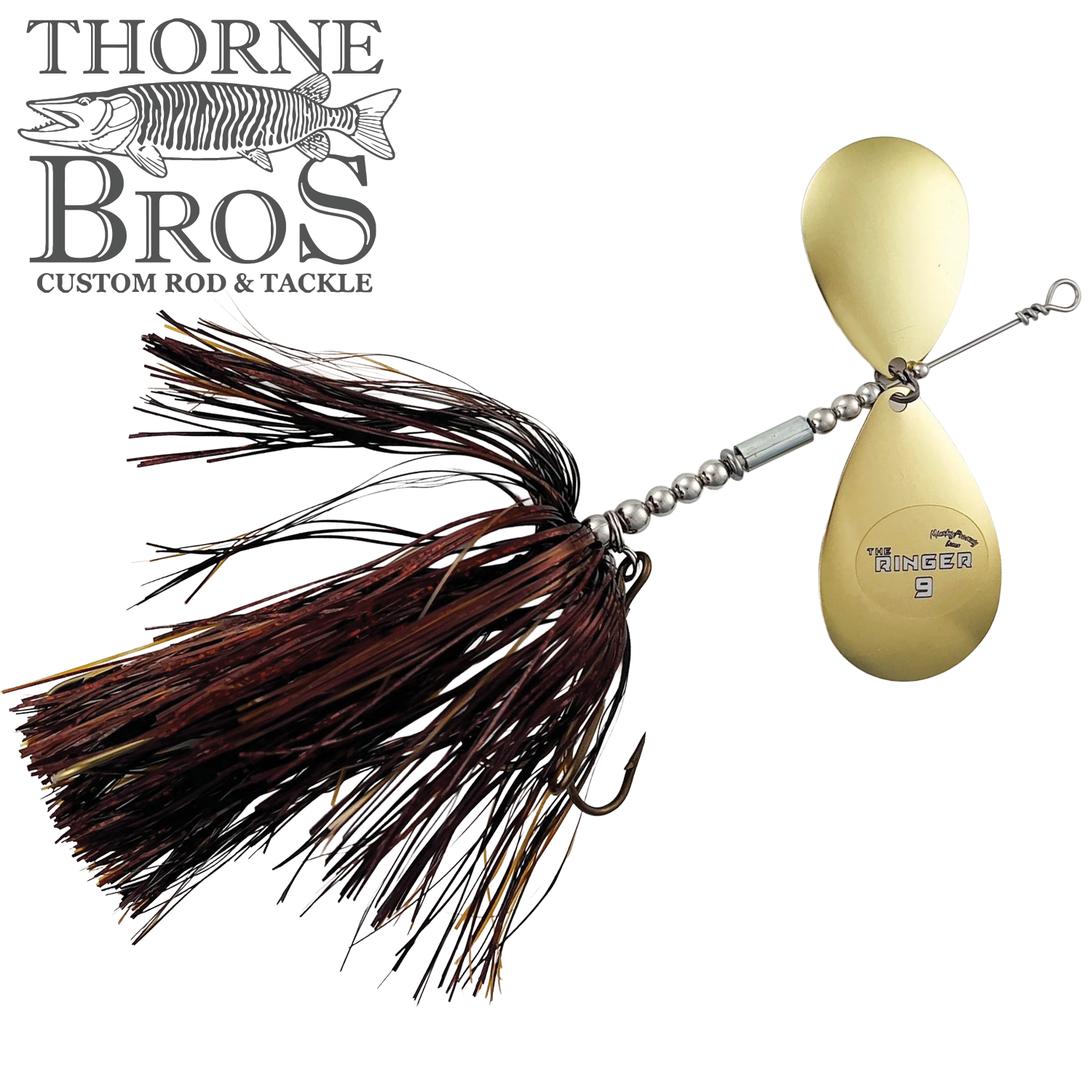 Musky Frenzy The Ringer 9 fishing lure with two large gold spinner blades and a brown and black skirt designed for musky fishing, shown with Thorne Bros logo.