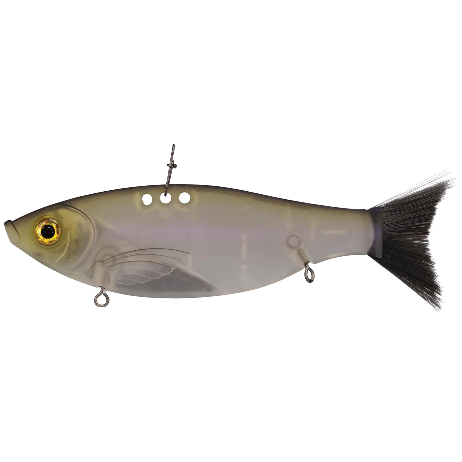 Bill Lewis Big Gizz fishing lure designed to resemble a small fish with a translucent body, detailed golden eyes, and a black feathered tail for realistic movement in water.