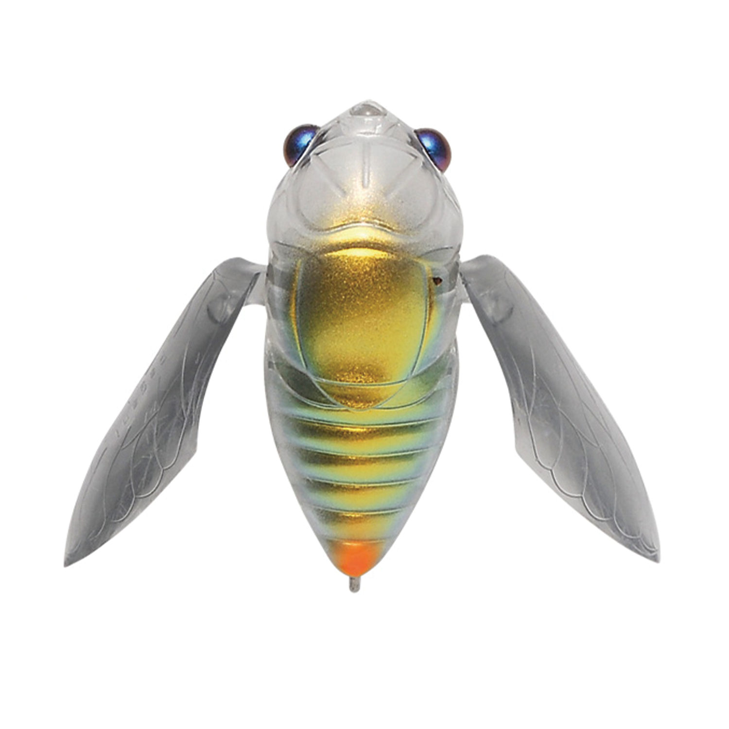 Megabass Grand Siglett fishing lure designed to resemble an insect with translucent wings, iridescent gold-green body, and realistic blue eyes for effective musky fishing tackle.