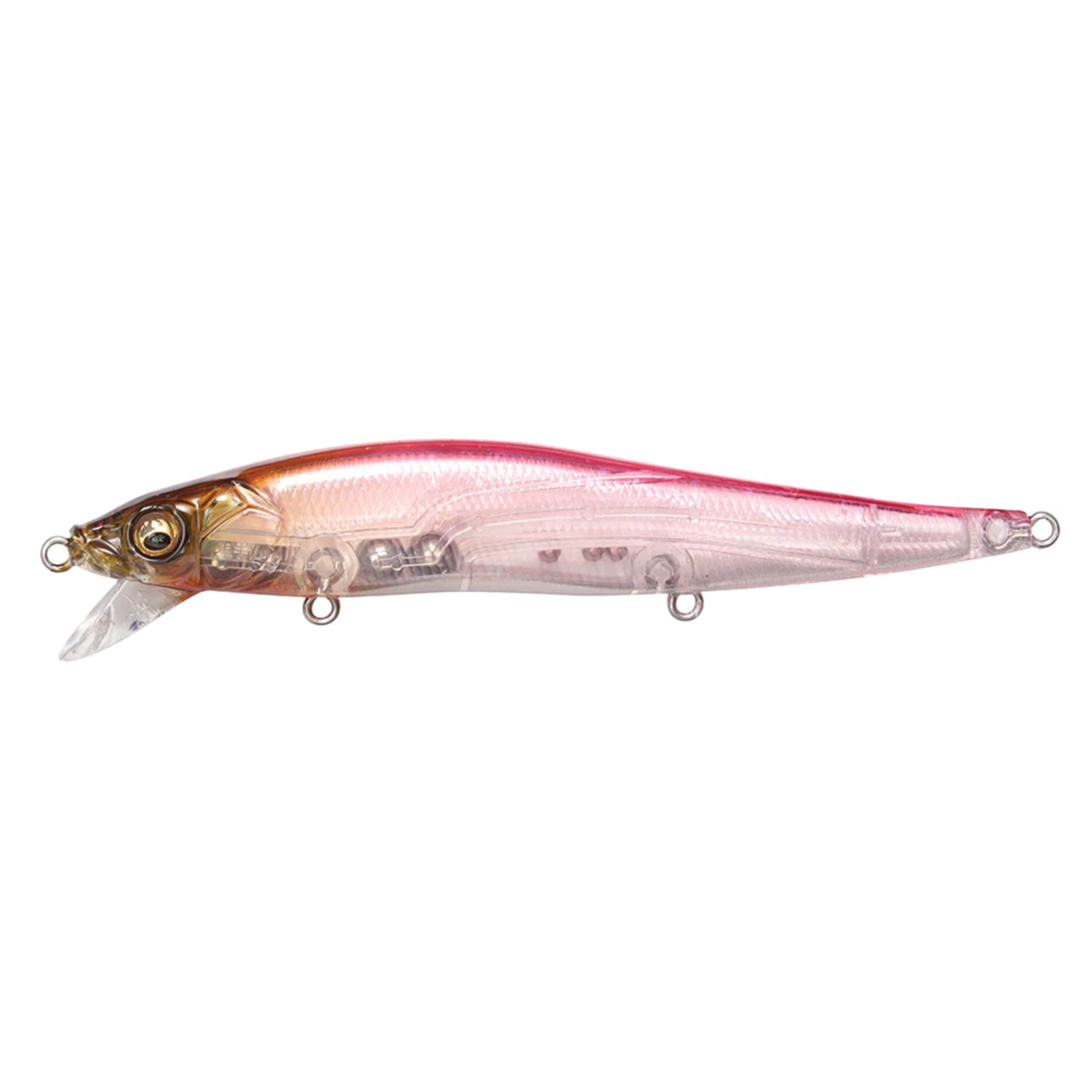 Megabass Vision 110 SR fishing lure with a transparent pink body and realistic fish details, designed for effective presentation in fishing tackle setups.