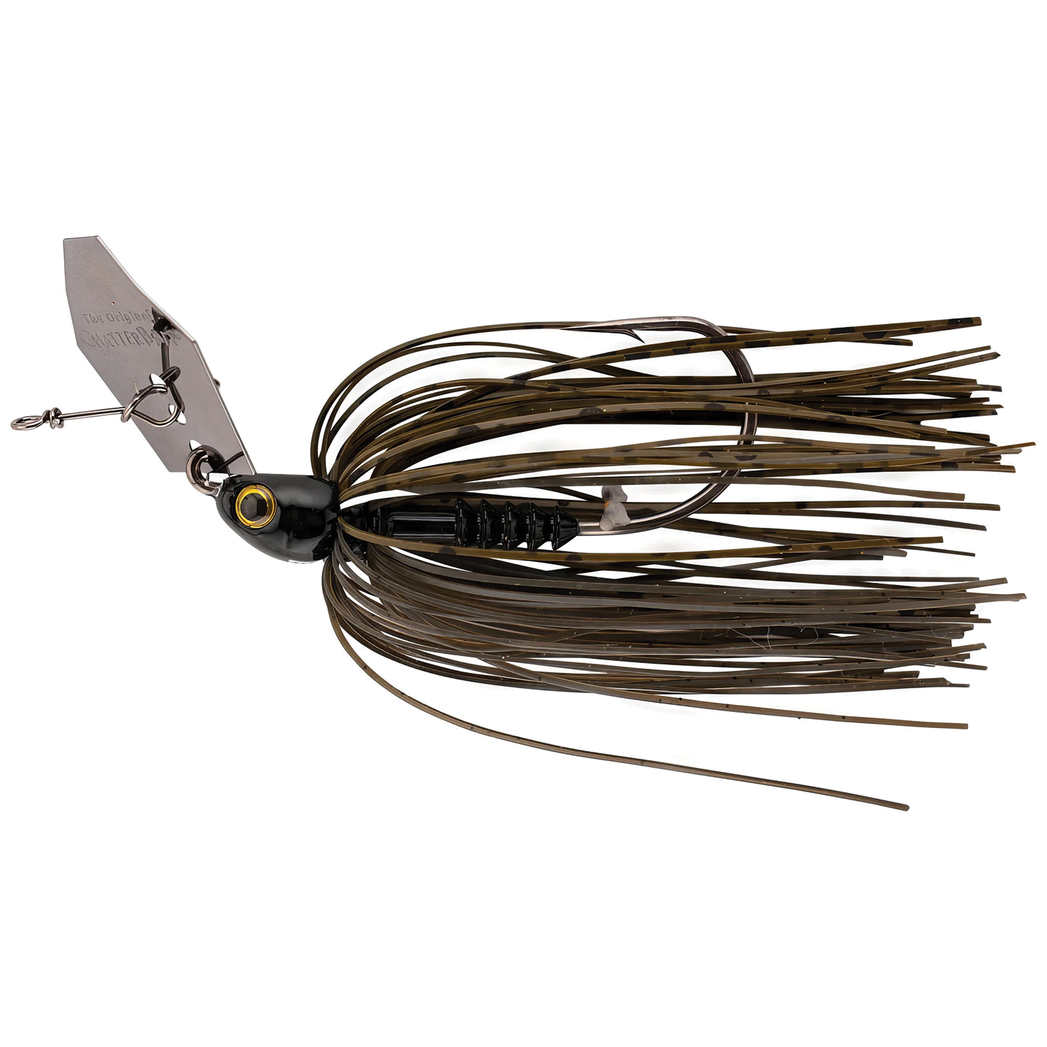 Z-Man Chatterbait PZ2 fishing lure with a black and brown skirt, outfitted with a metal blade designed for attracting fish in freshwater fishing tackle.
