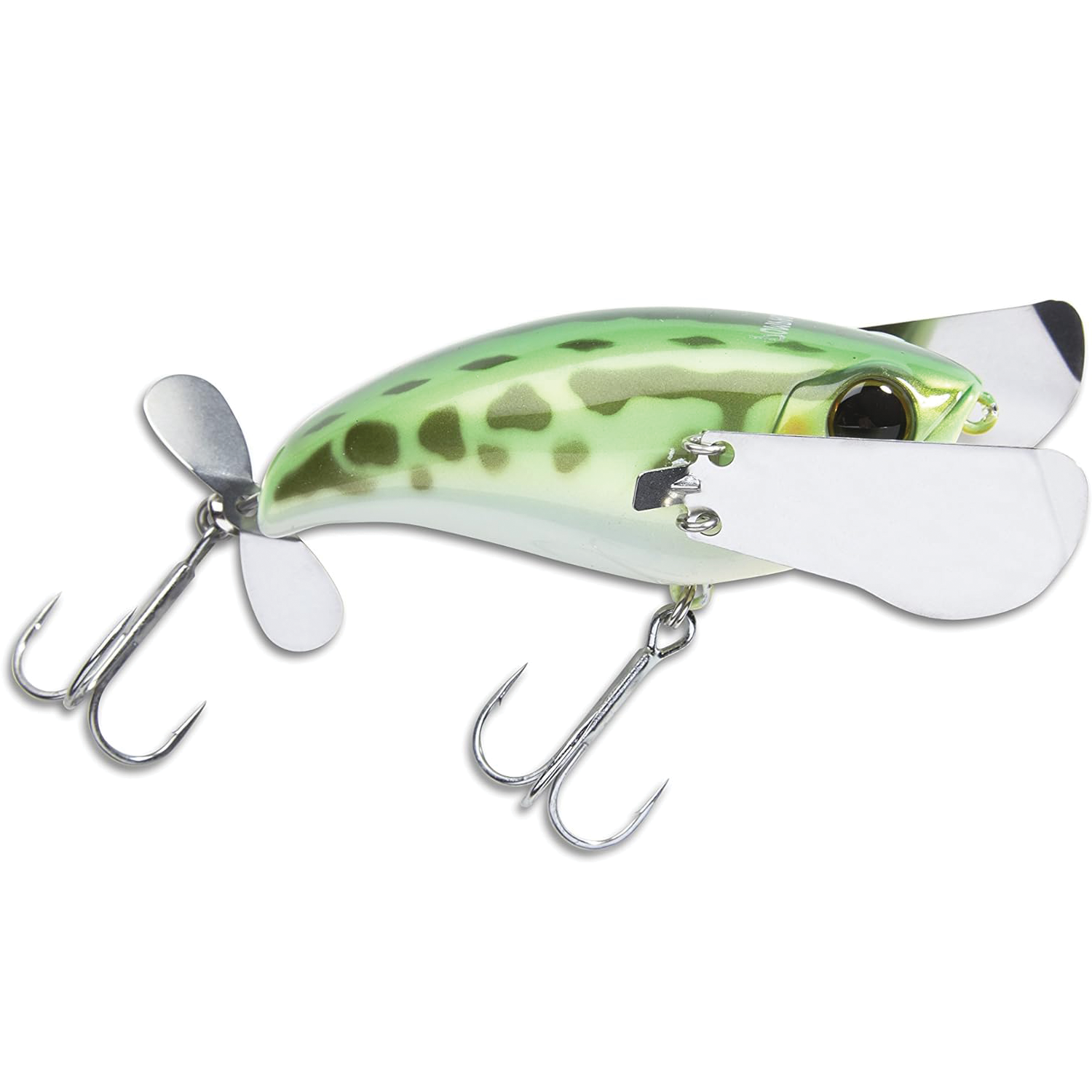 Jackall Pompadour fishing lure with green and brown spotted body, two treble hooks, and metal propeller blades designed for attracting musky and other game fish.