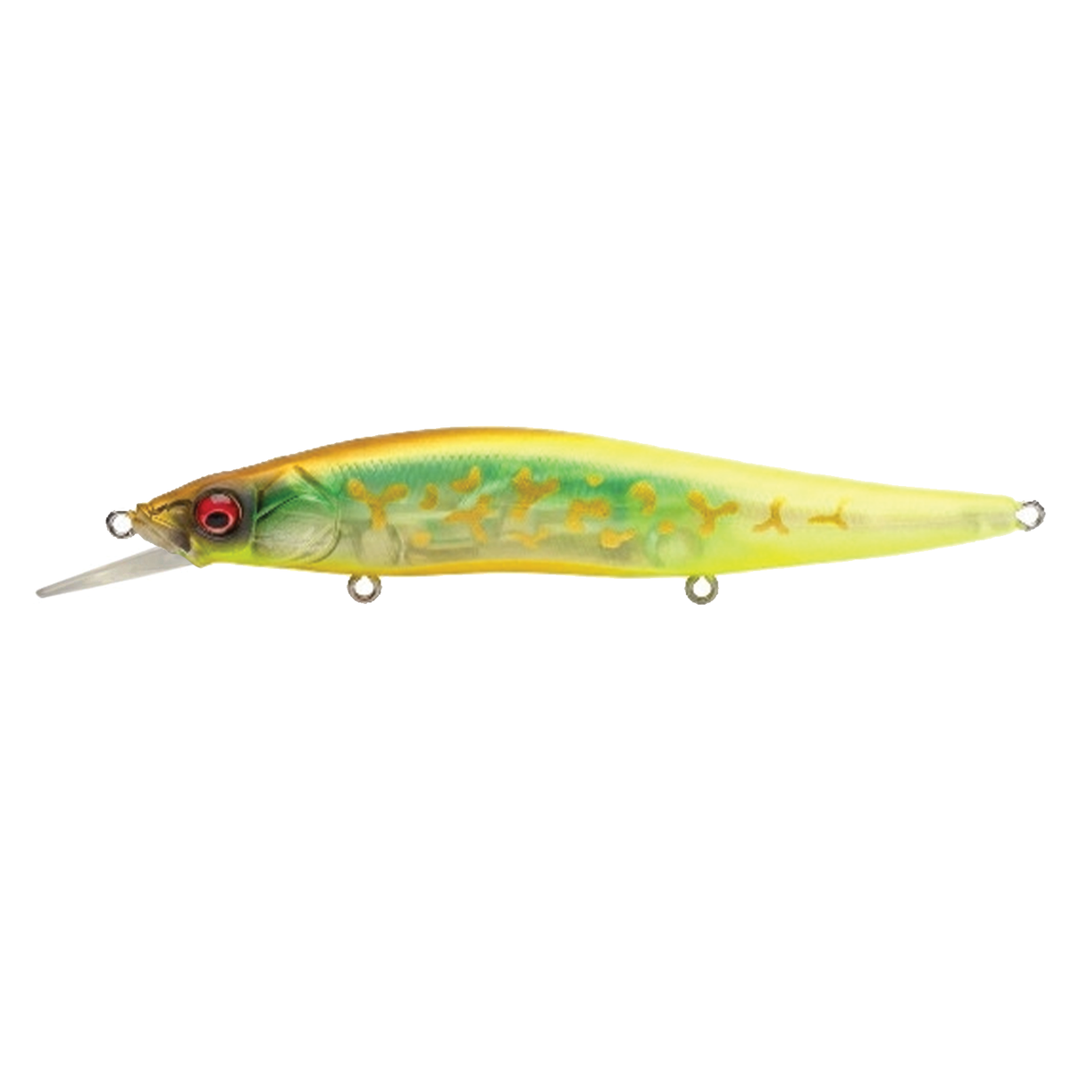 Megabass Vision 110+1 green and yellow minnow fishing lure with translucent body red eye and diving bill for freshwater fishing tackle