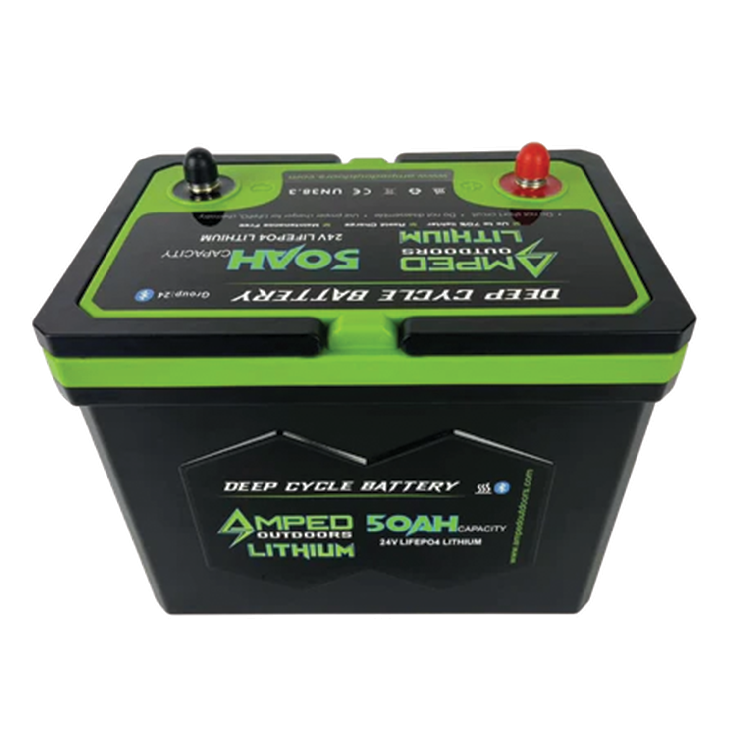 Amped Outdoors (LiFePO4) 24V Lithium Batteries - Battery w/Charger shown as a green and black deep cycle battery with red and black terminal posts, designed for outdoor and marine electronics use.