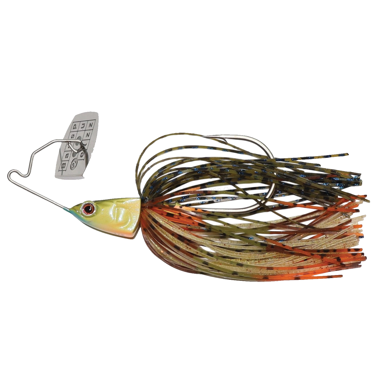 Bass Puzzle Grass Piece fishing lure with a brightly colored head and multi-colored skirt featuring green, orange, and blue tones, designed for freshwater fishing.
