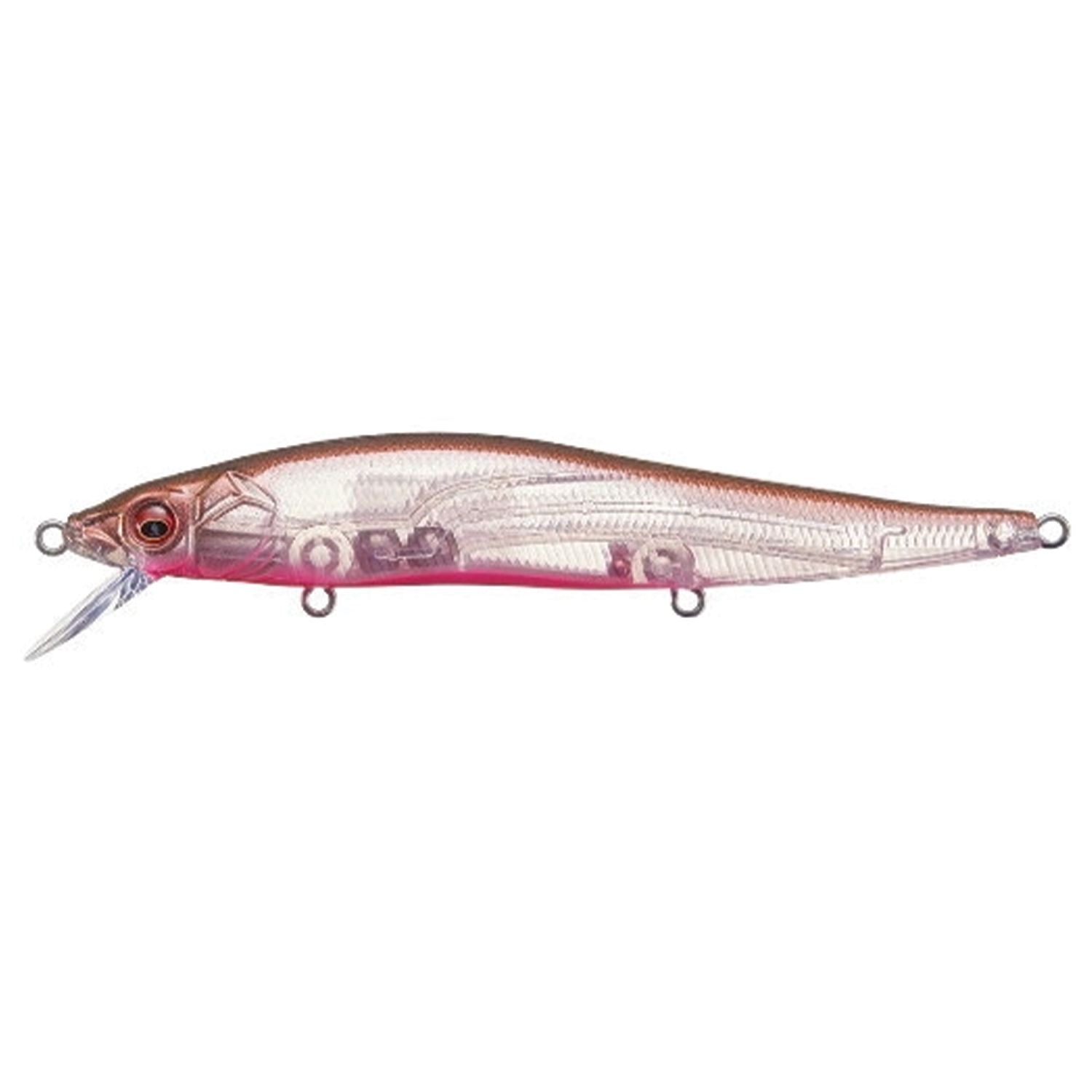 Megabass Vision 110 fishing lure in translucent pink and silver with detailed eyes and multiple attachment points for effective musky fishing tackle.
