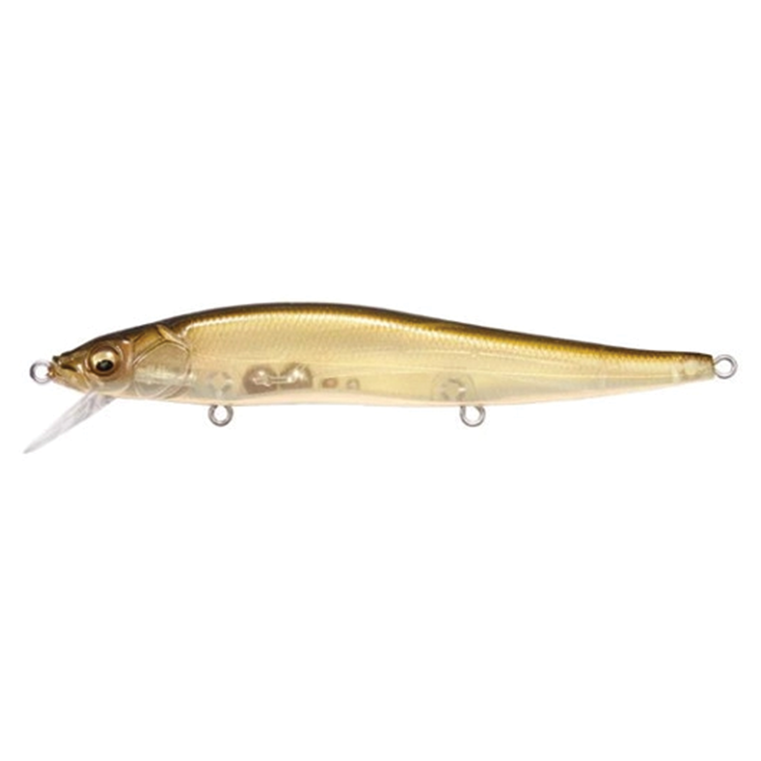 Megabass Vision 110 fishing lure in translucent gold with detailed fish design, featuring attachment rings and a diving lip for musky and freshwater fishing.