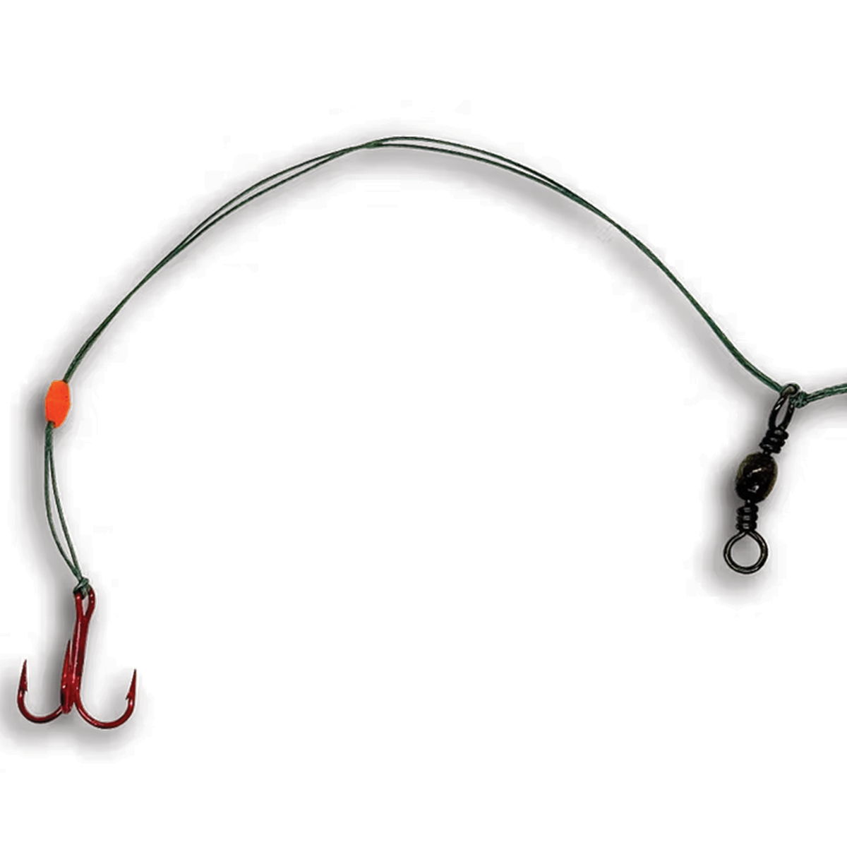 IDA Spear Company Sucker Saver fishing tackle rig with green leader orange stopper red treble hook and black swivel for musky fishing