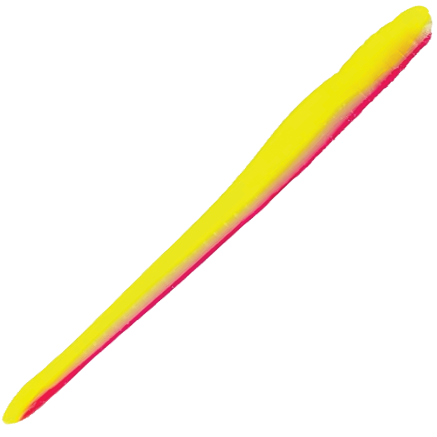 Roboworm Fat Worm fishing lure in bright yellow with a pink underside, designed for use as fishing tackle to attract musky and other game fish.