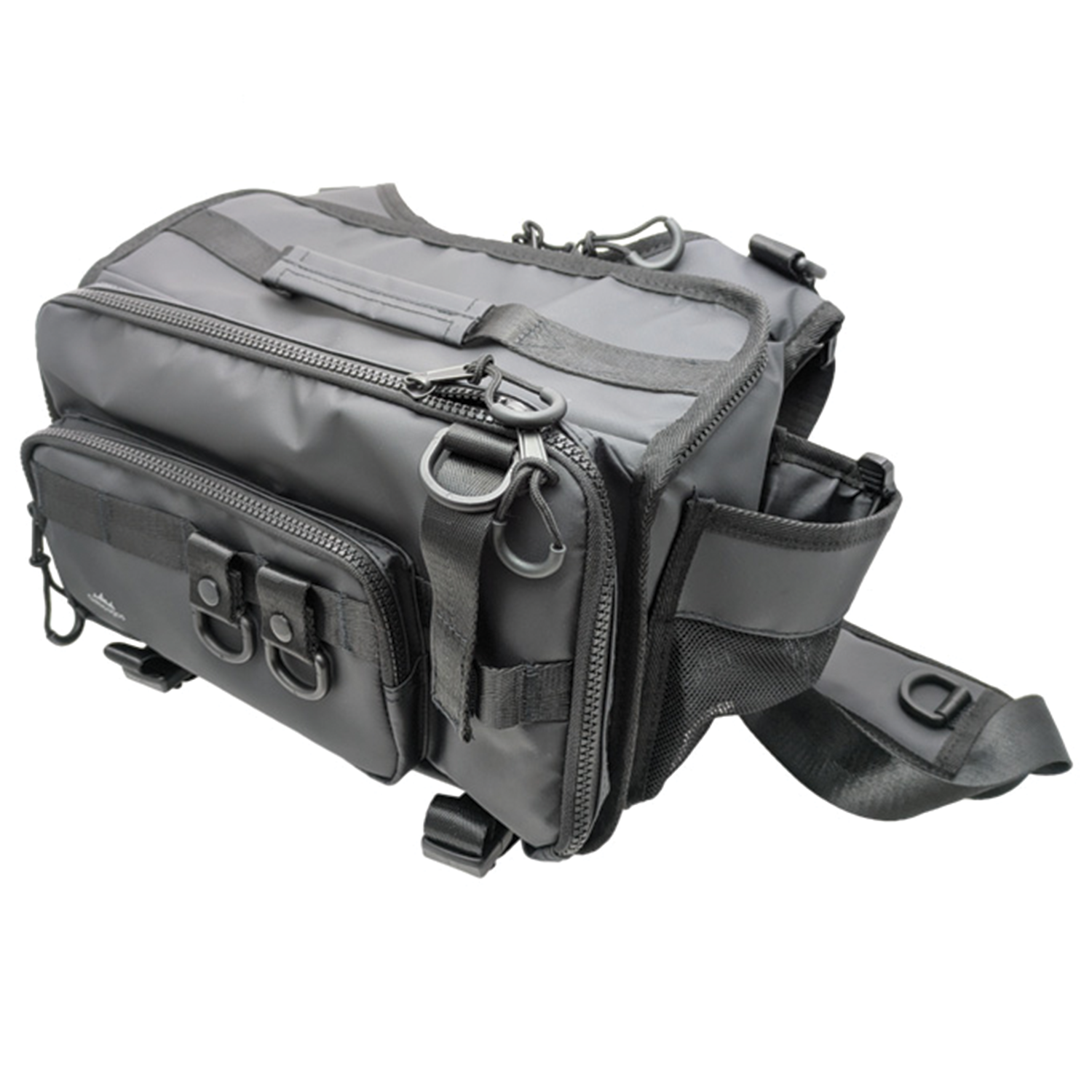 Galápagos Big Bait Shoulder Bag in dark gray with multiple zippered compartments, adjustable strap, and attachment points, designed for organized fishing tackle and gear storage.