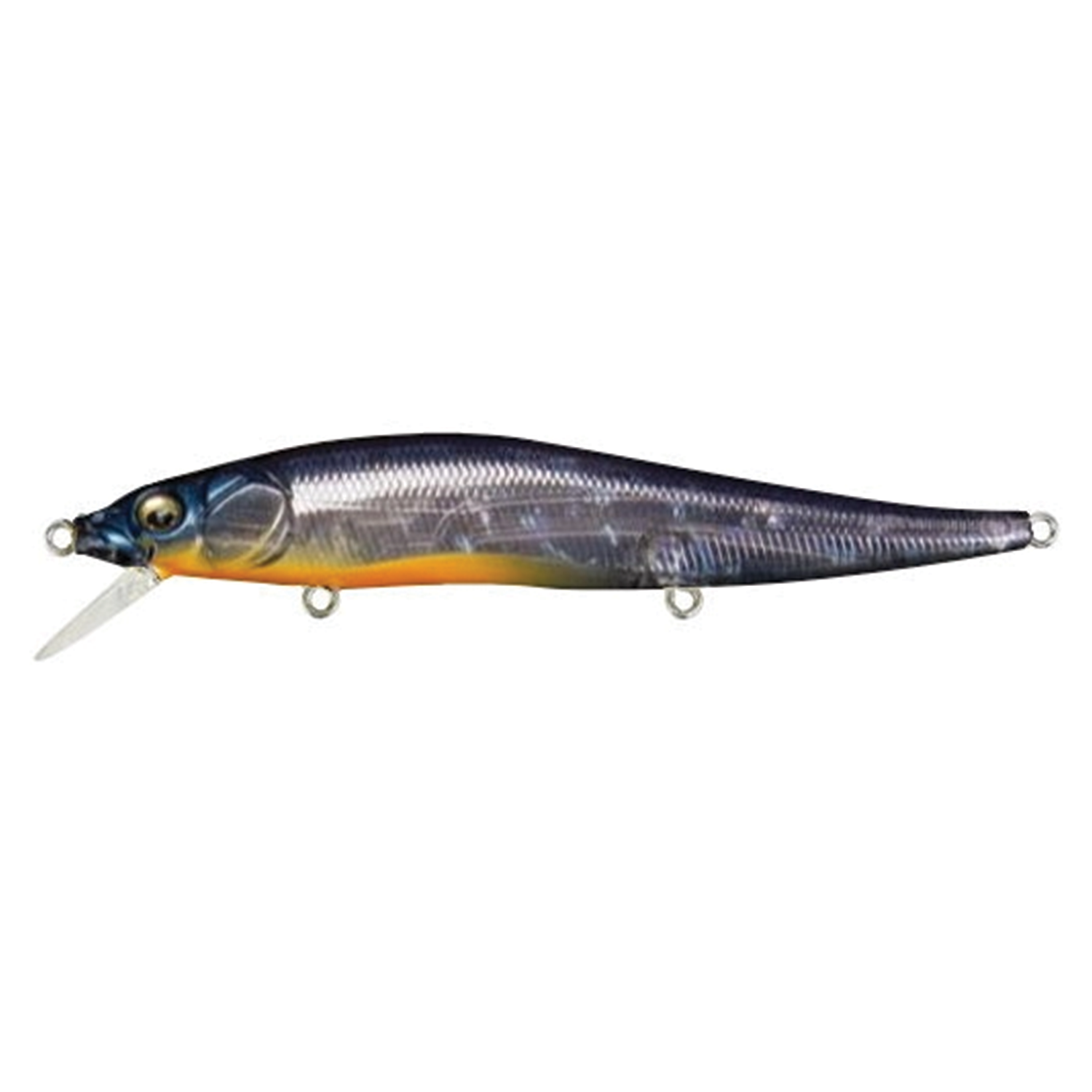 Megabass Vision 110 fishing lure in realistic fish pattern with a blue and silver body, yellow underbelly, and a clear plastic lip for diving action.