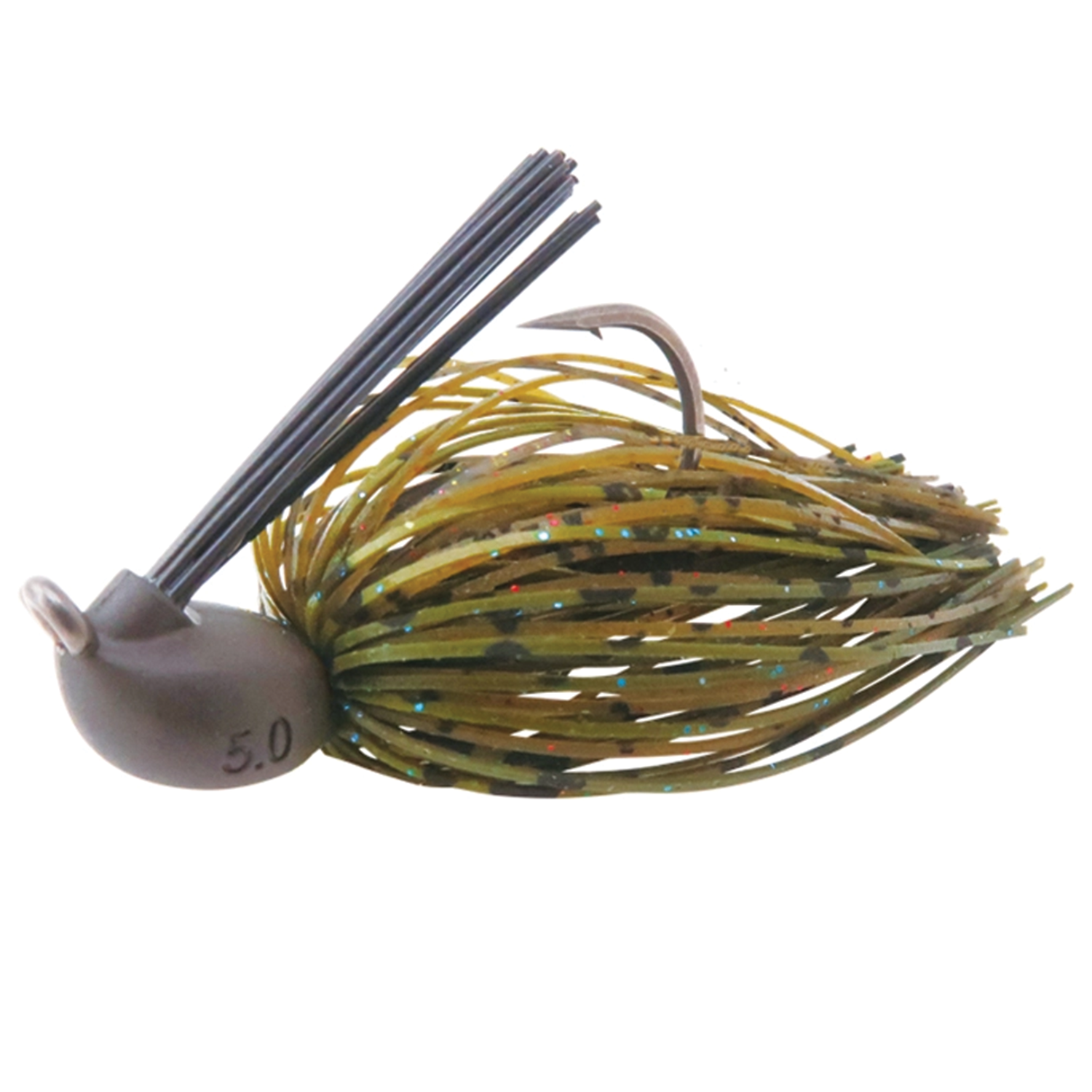 Close-up of a green and brown BottomUp Gap Jig fishing lure with a weed guard, detailed skirt, and a 5.0 size lead head designed for musky fishing tackle.
