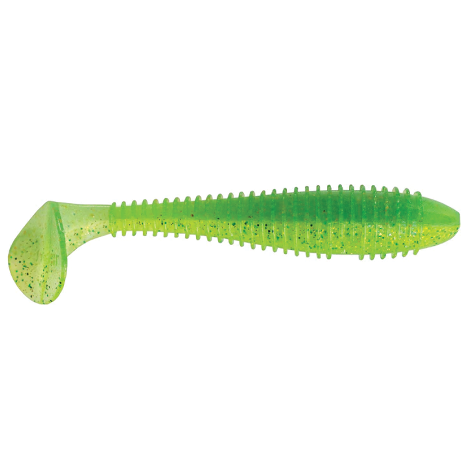 Keitech Fat Swing Impact 3.3" is a green and yellow soft plastic fishing lure with a paddle tail, designed to mimic bait movement for effective fishing tackle use.