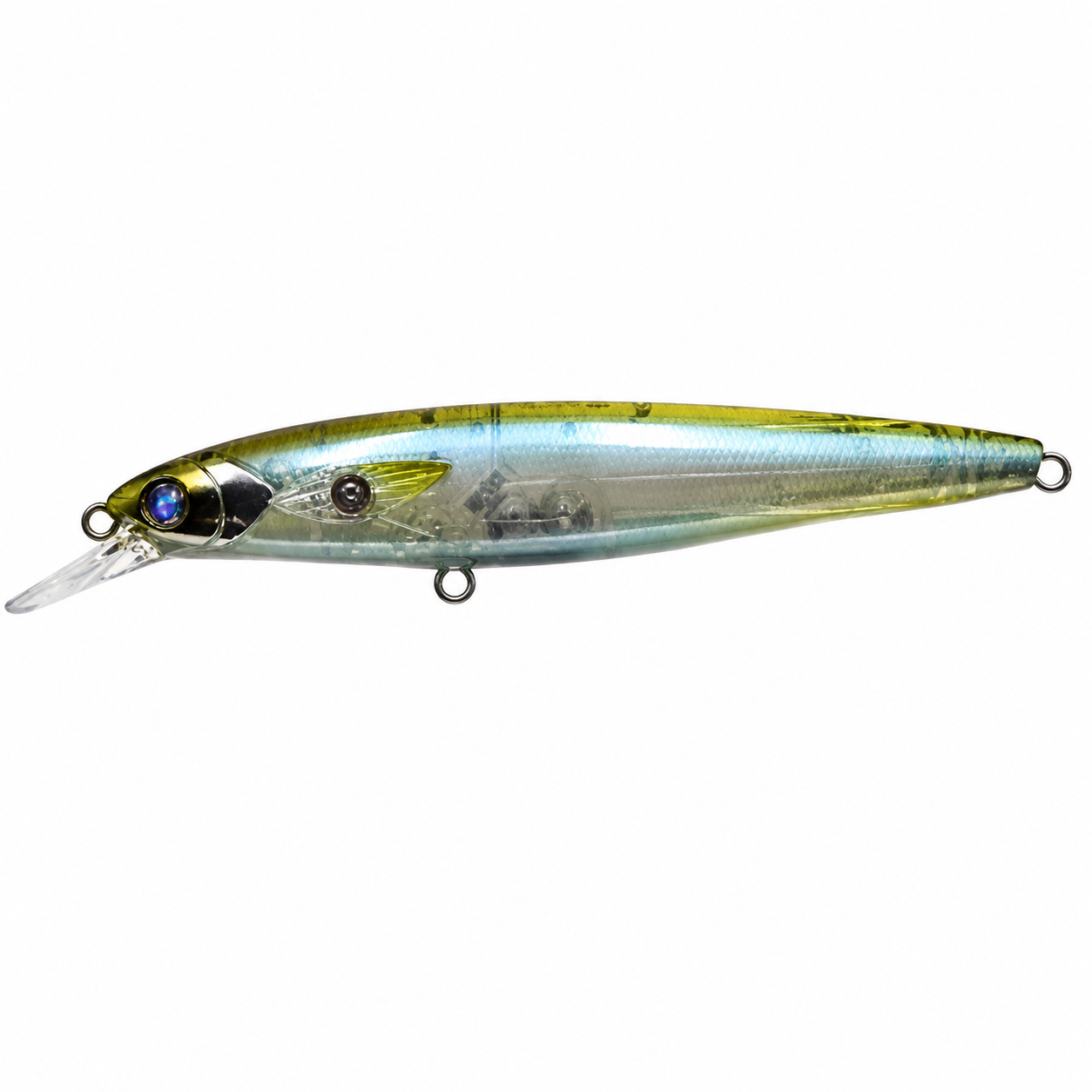 Madotachi Hanitas SF Minnow fishing lure with a slender, minnow-shaped body featuring a translucent blue and yellow finish, realistic eye detailing, and a small diving lip.