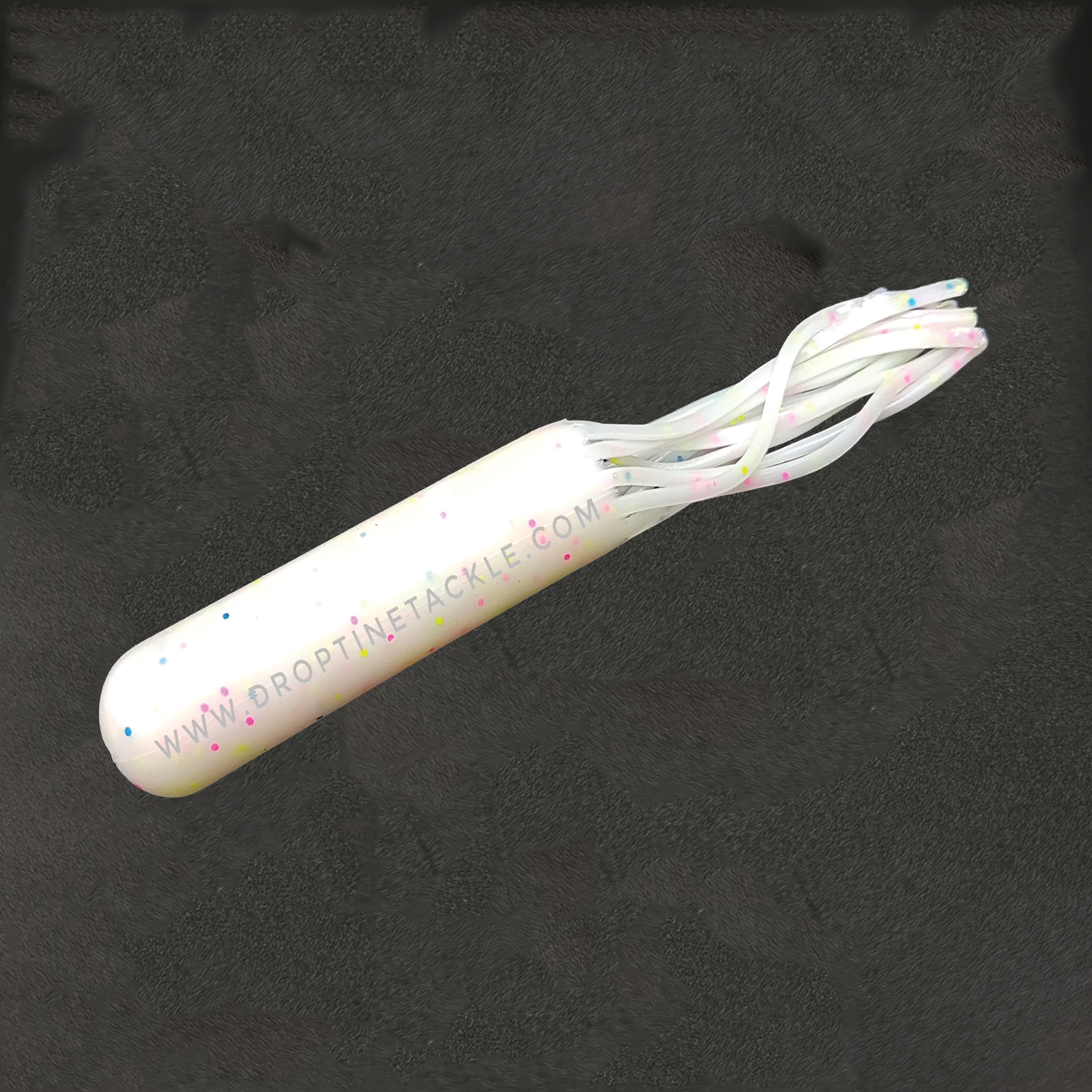 Drop Tine 4" Trout Tube - Standard fishing lure in white with multicolor speckles and flexible skirt strands designed for freshwater fishing tackle.