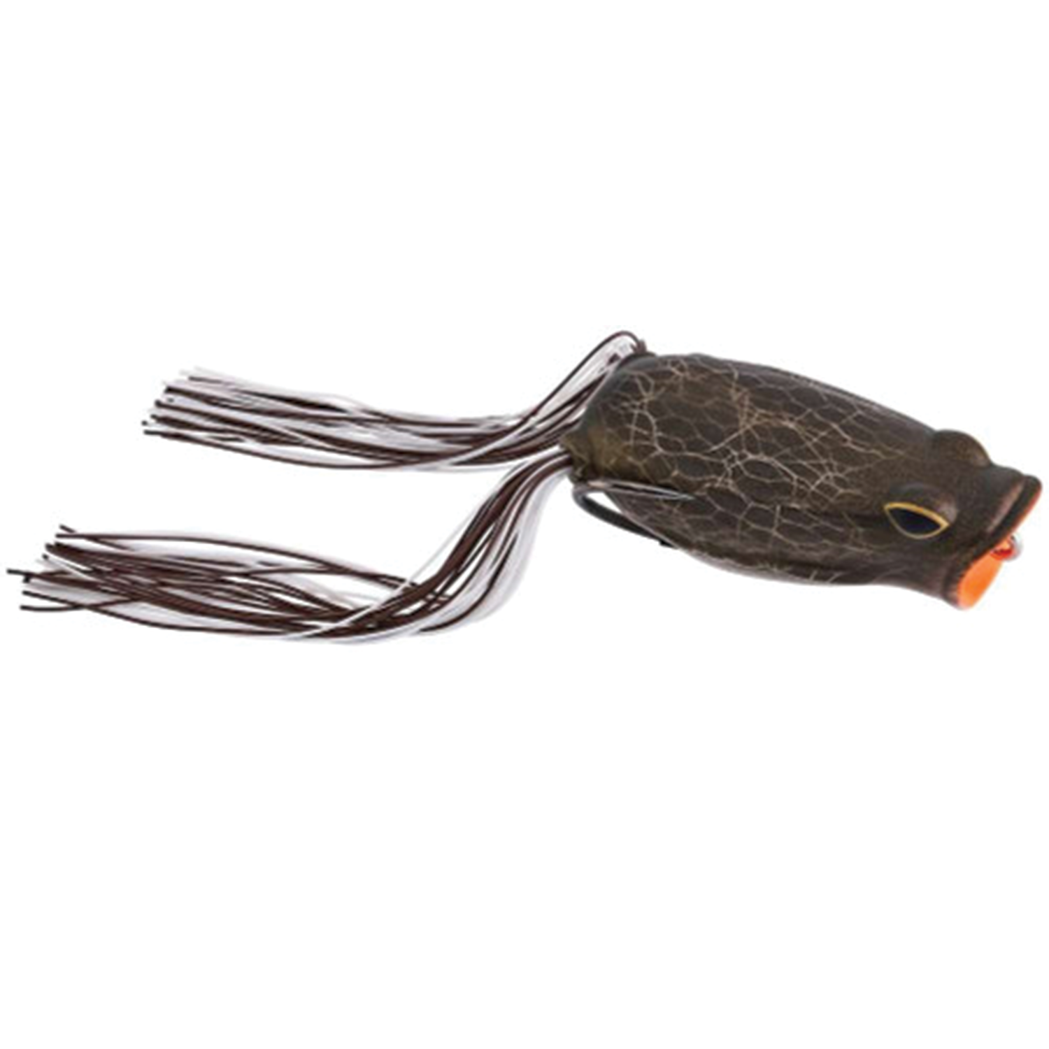 Berkley Swamp Lord Popping Hollow Body Frog fishing lure designed to mimic a frog with textured dark body and flexible leg skirts for attracting fish.