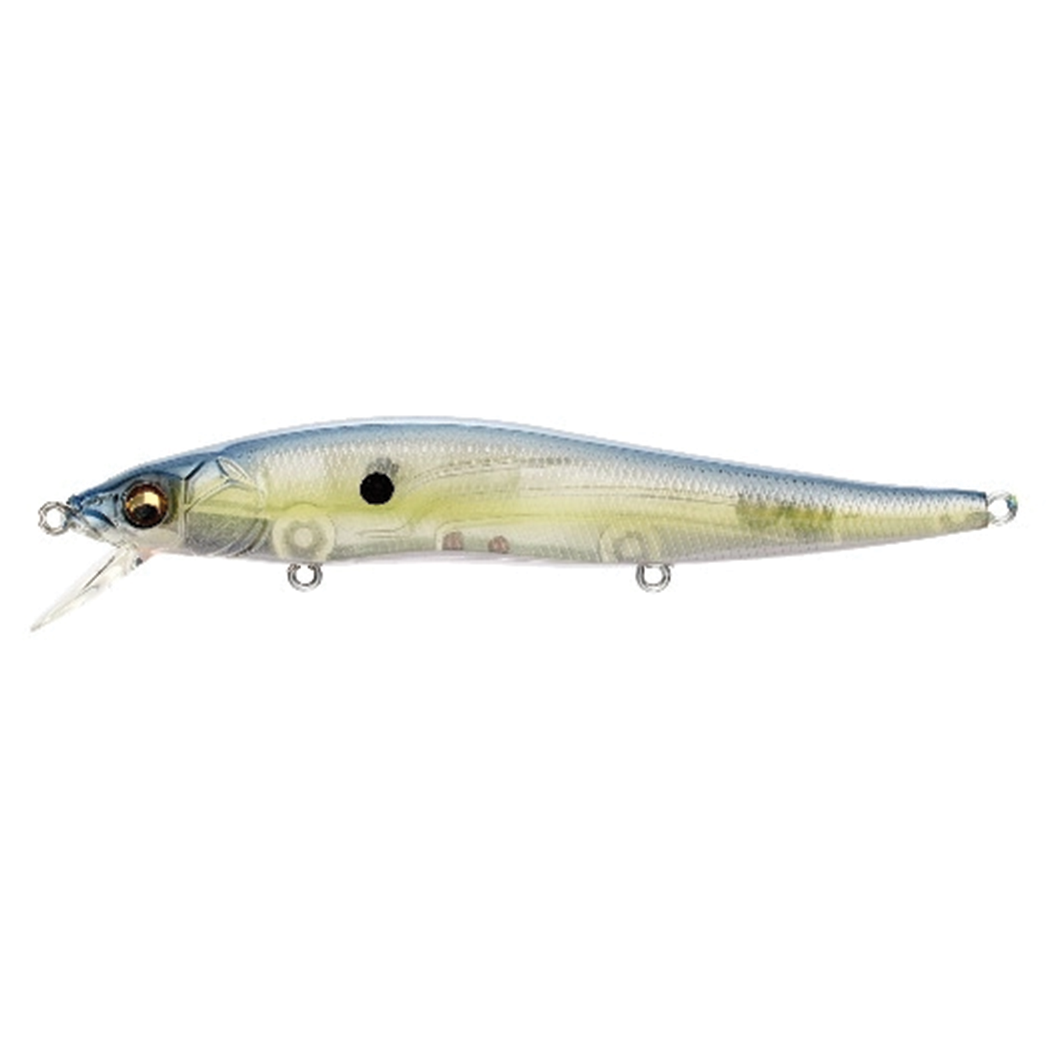 Megabass Vision 110 fishing lure in a blue and translucent yellow design with realistic fish detailing, designed for effective fishing tackle use.