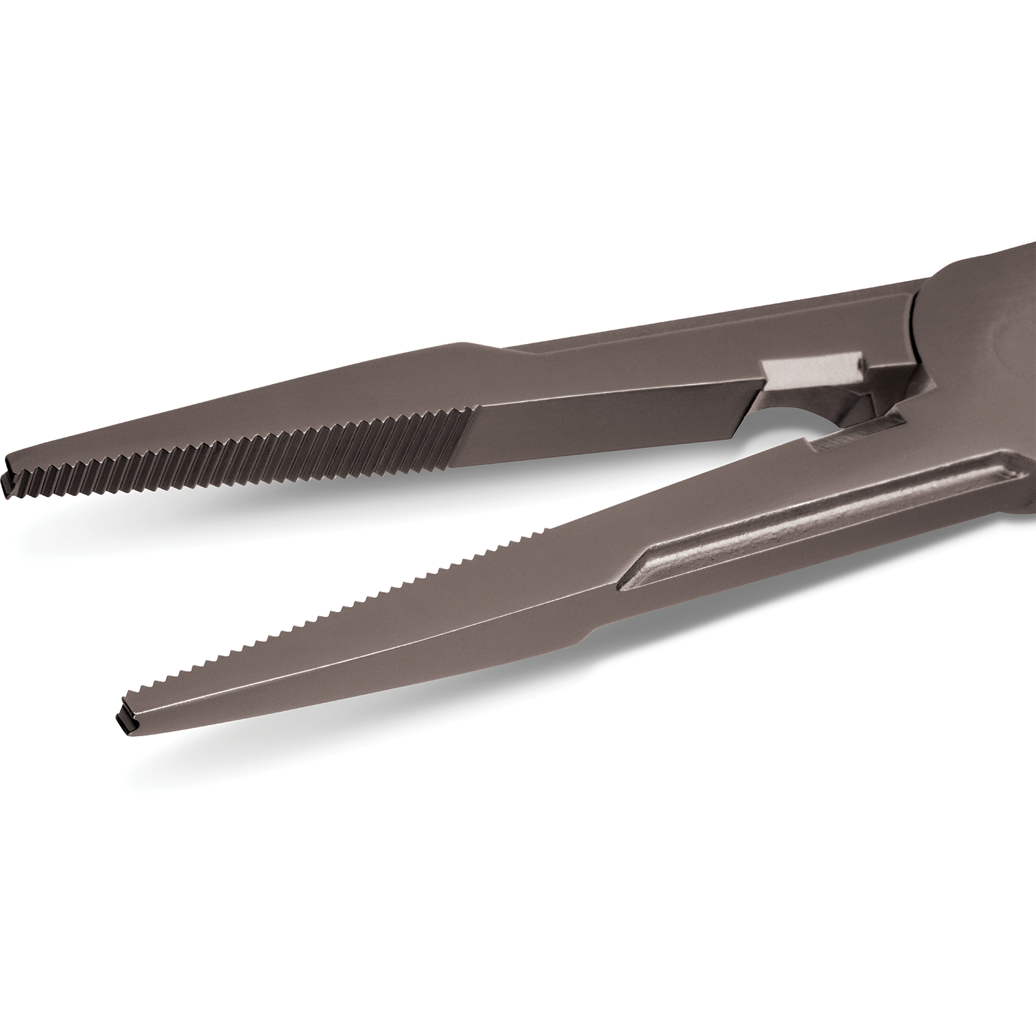 Close-up of Rapala Super Stainless Steel Angled Pliers featuring serrated gripping jaws and angled nose designed for precise handling of fishing tackle and marine equipment.