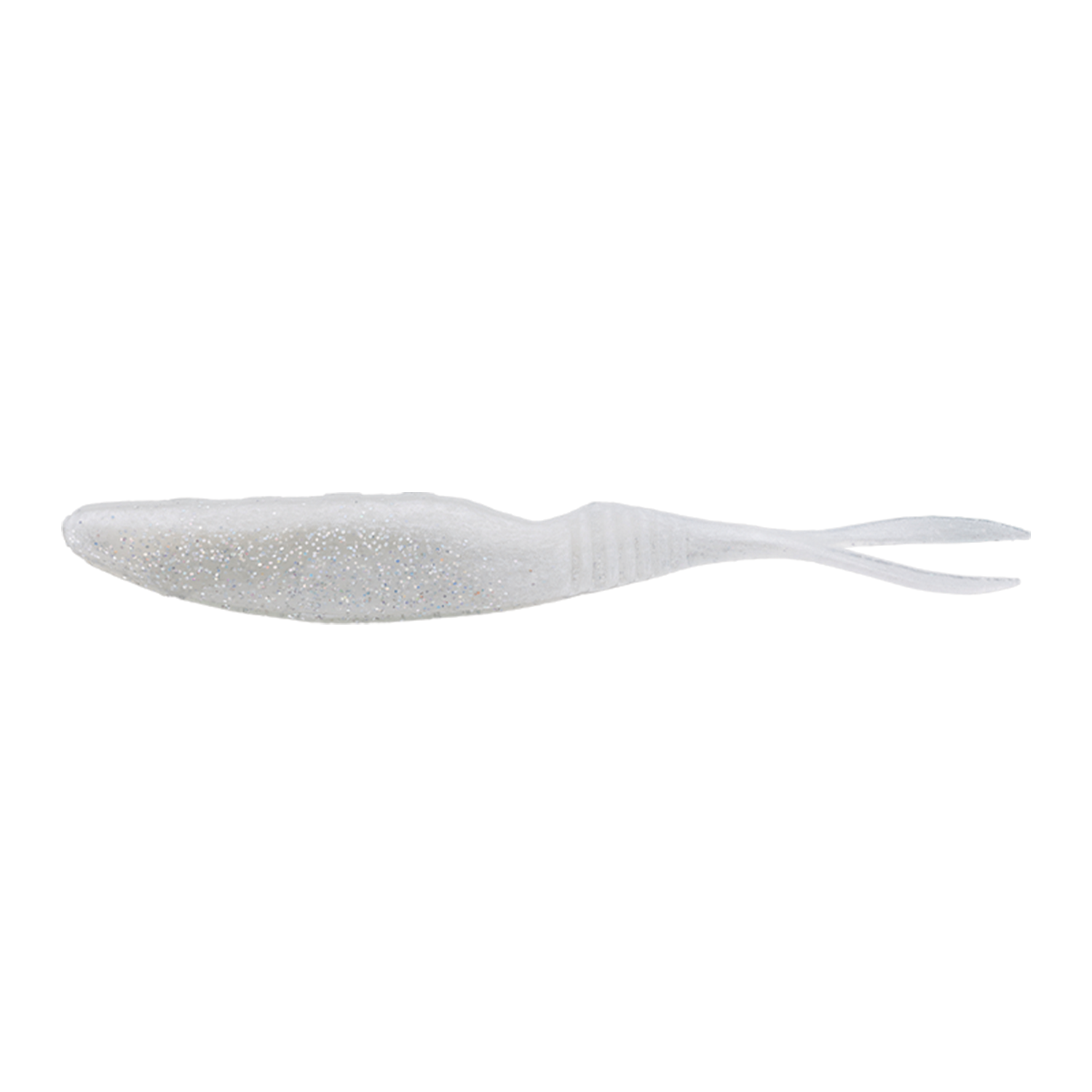 Jackall Bital Minnow fishing lure in translucent white with silver glitter, featuring a soft body and forked tail designed for realistic movement in water.