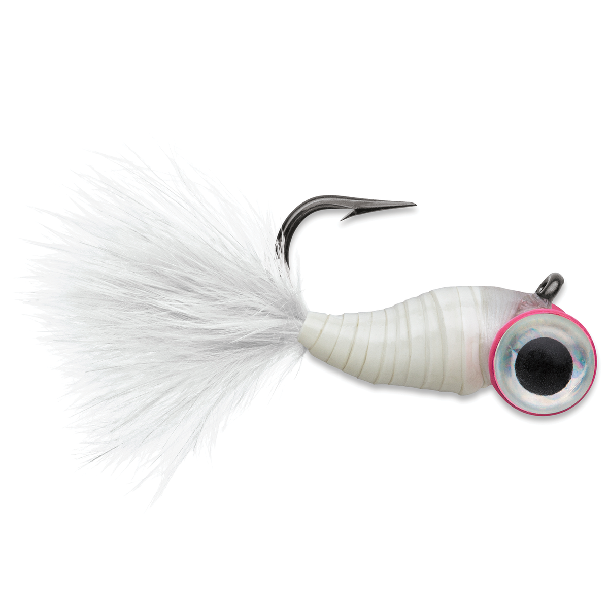 VMC Tungsten Gym Jig fishing lure with a white ribbed body fluffy feather tail oversized eye and exposed hook for fishing tackle applications