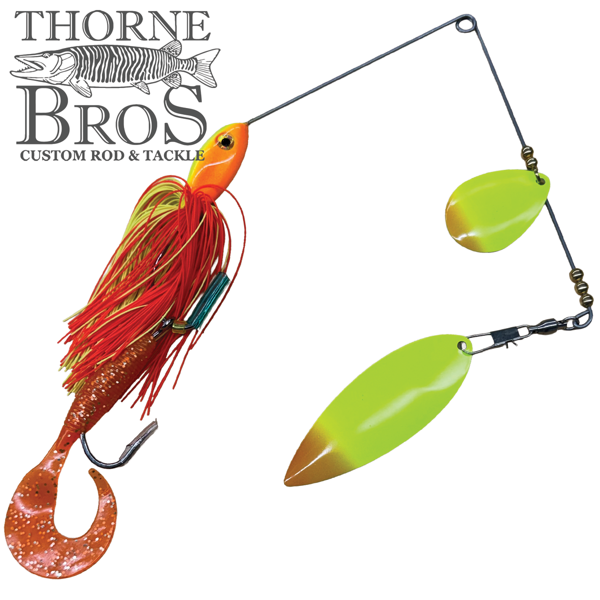 Ace Baits Monster Spinnerbait with an orange and red skirted lure two chartreuse blades and a trailing wire arm for musky fishing tackle