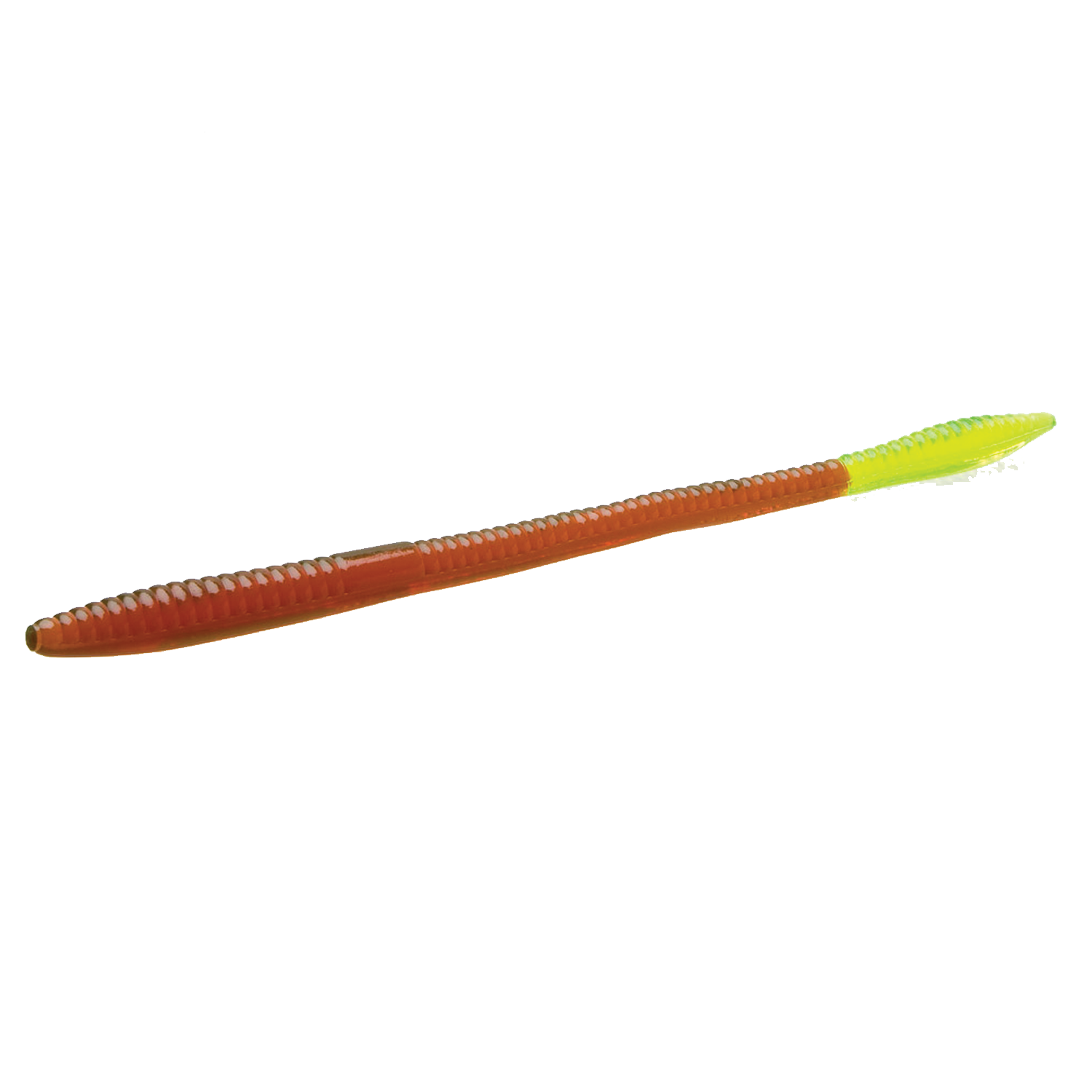 Zoom Bait Company Trick Worm soft plastic fishing lure designed for musky fishing, featuring a ribbed brown body with a bright yellow tail tip for added attraction.