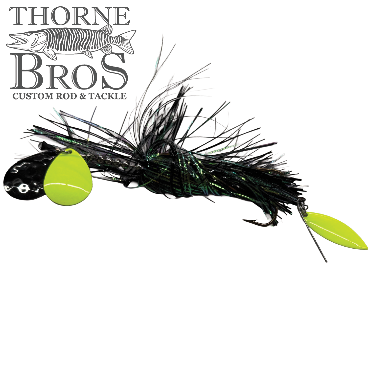 Hunsy Tails 7/8 Banger fishing lure with black and green skirted body, featuring two bright yellow spinner blades, designed for musky fishing.