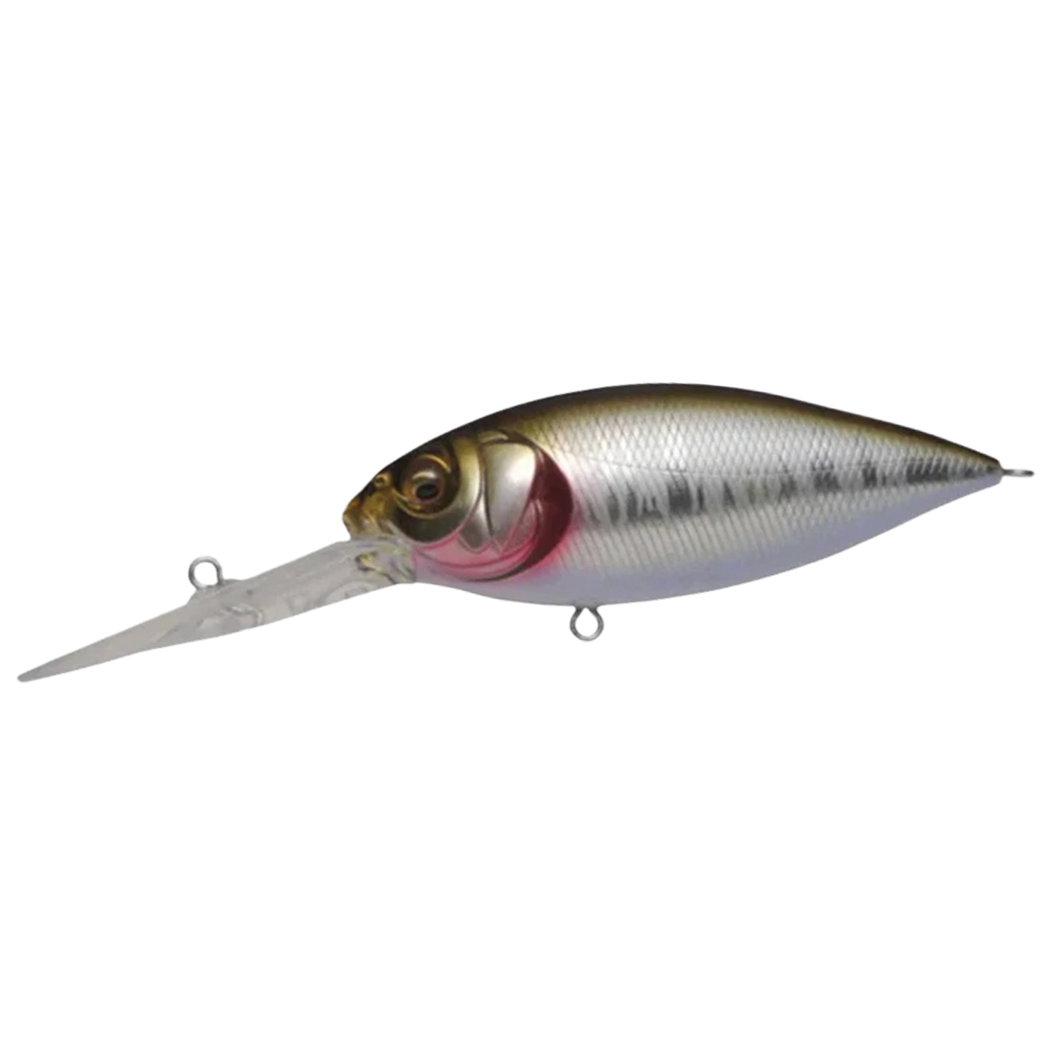 Megabass Deep-X 300 fishing lure with a long clear diving lip, realistic fish scale pattern, and metallic silver and gold finish designed for musky fishing tackle.
