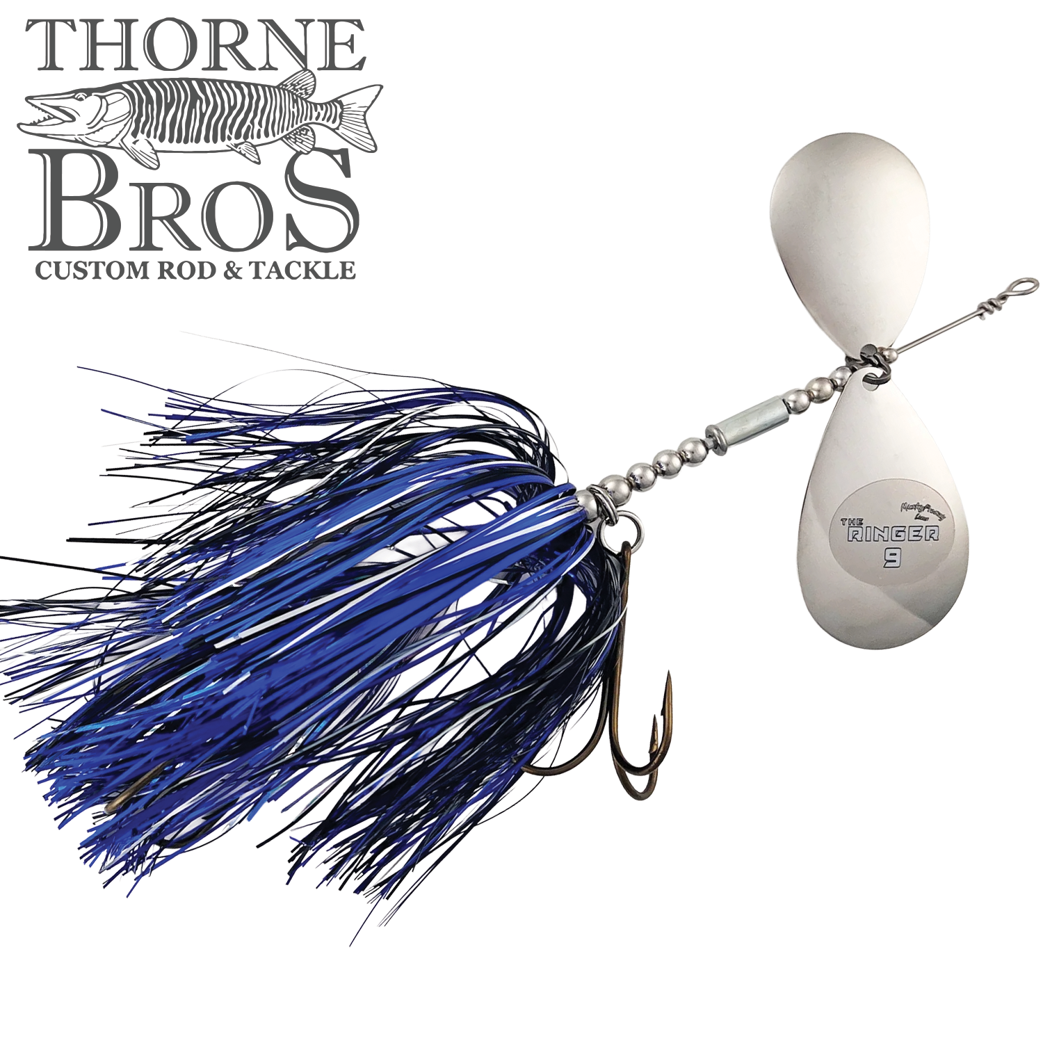 Close-up of a Musky Frenzy The Ringer 9 fishing lure featuring silver twin spinning blades, a blue and black skirt, and a triple hook designed for musky fishing.