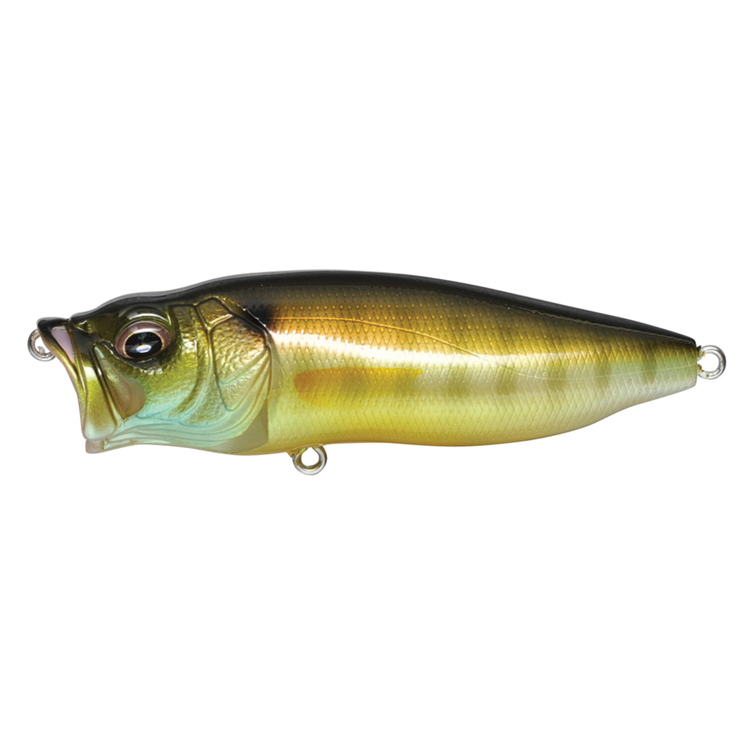 Megabass PopMax fishing lure designed to mimic a small fish with a glossy finish in green, gold, and black tones, featuring detailed eyes and attachment points for fishing tackle.