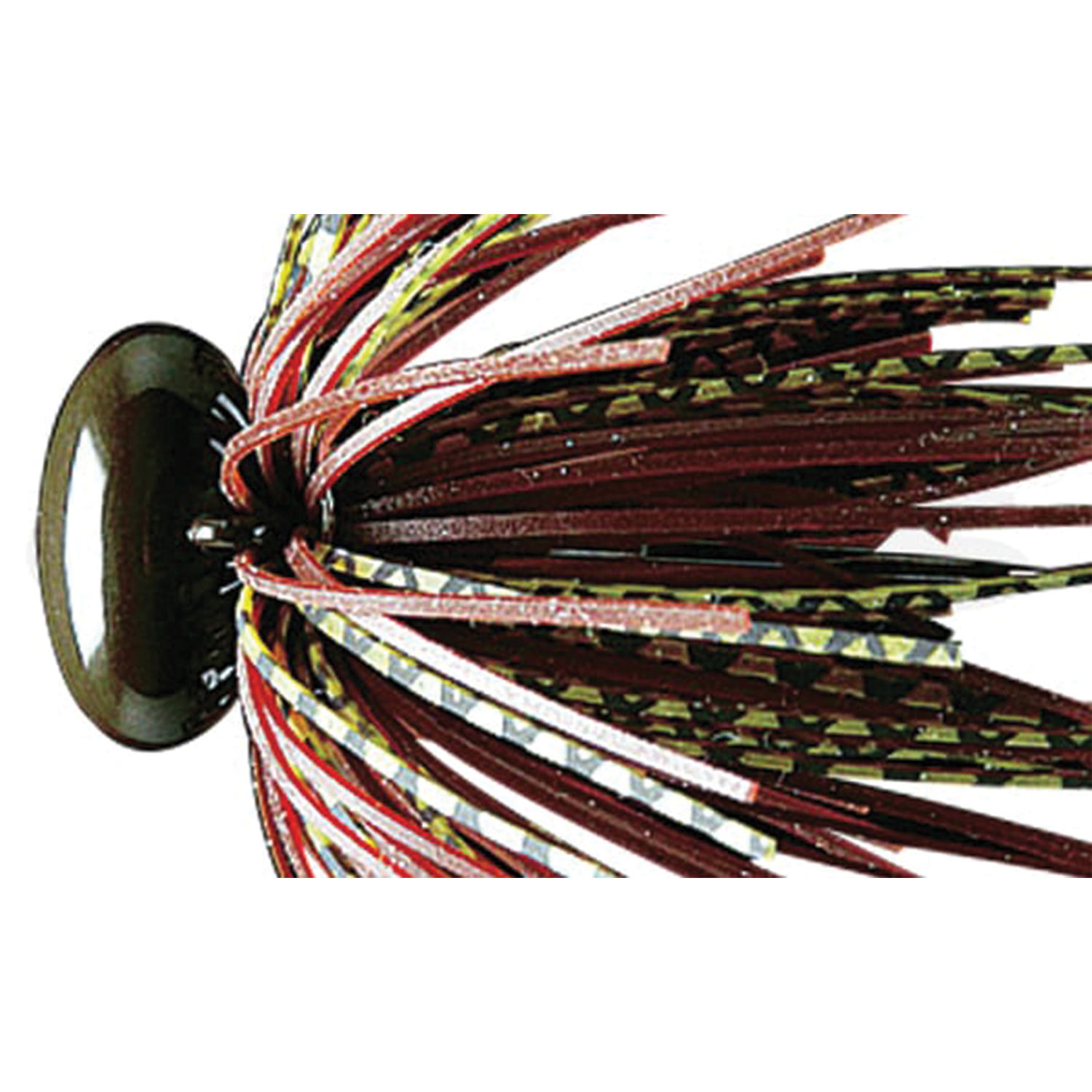 Deps Head Lock Jig fishing lure with multi-colored rubber skirts in shades of brown, yellow, and red designed for musky and ice fishing tackle use.
