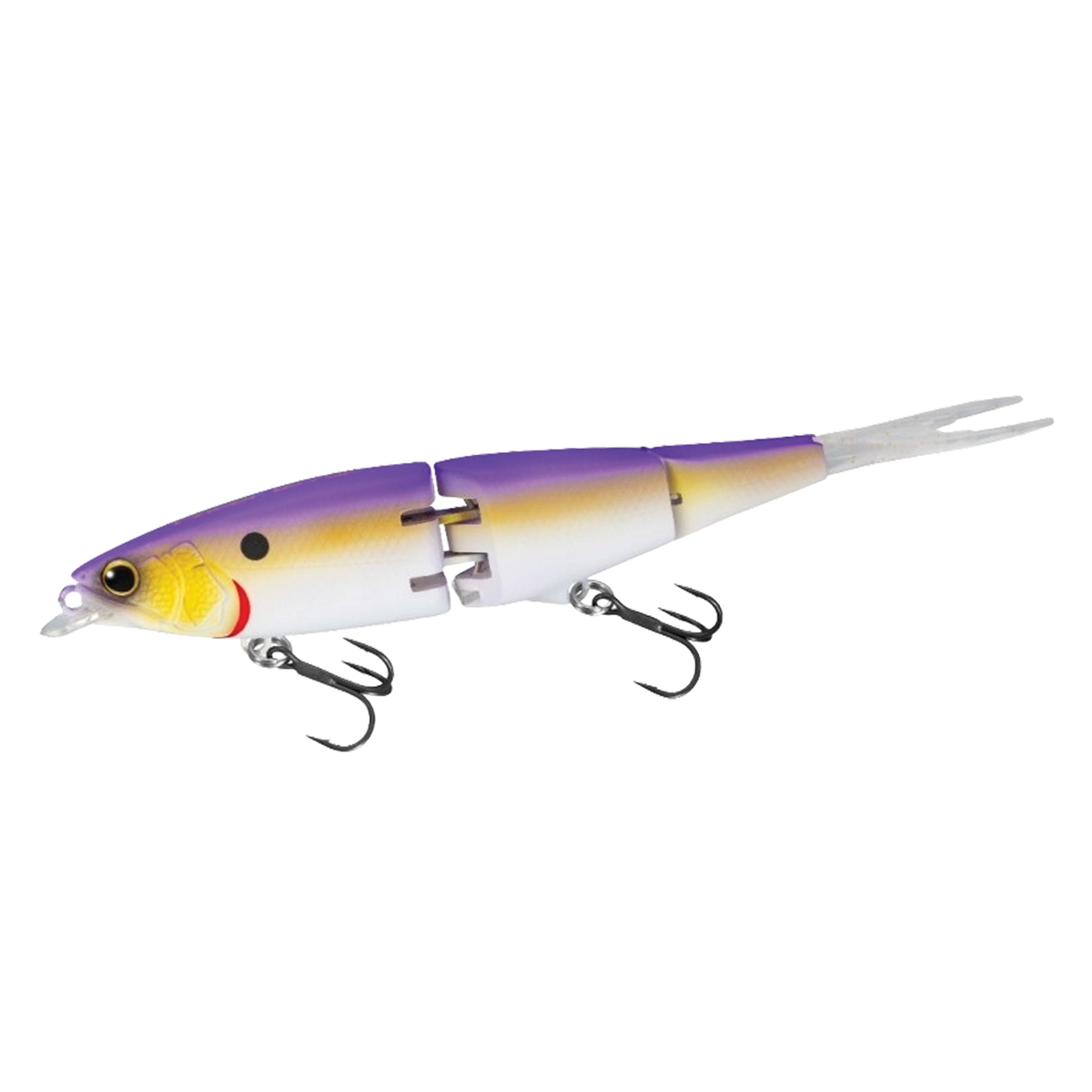 Shimano Facer 85+SF fishing lure in purple and yellow gradient with jointed body and two treble hooks designed for musky fishing tackle.
