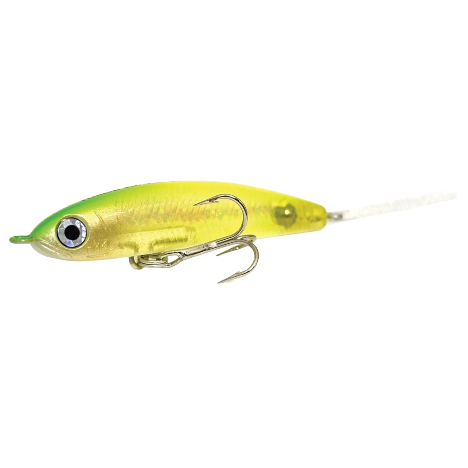 HMKL Jordan 50 F fishing lure in yellow and green with realistic eyes and sharp treble hooks, designed for effective musky and freshwater fishing tackle.