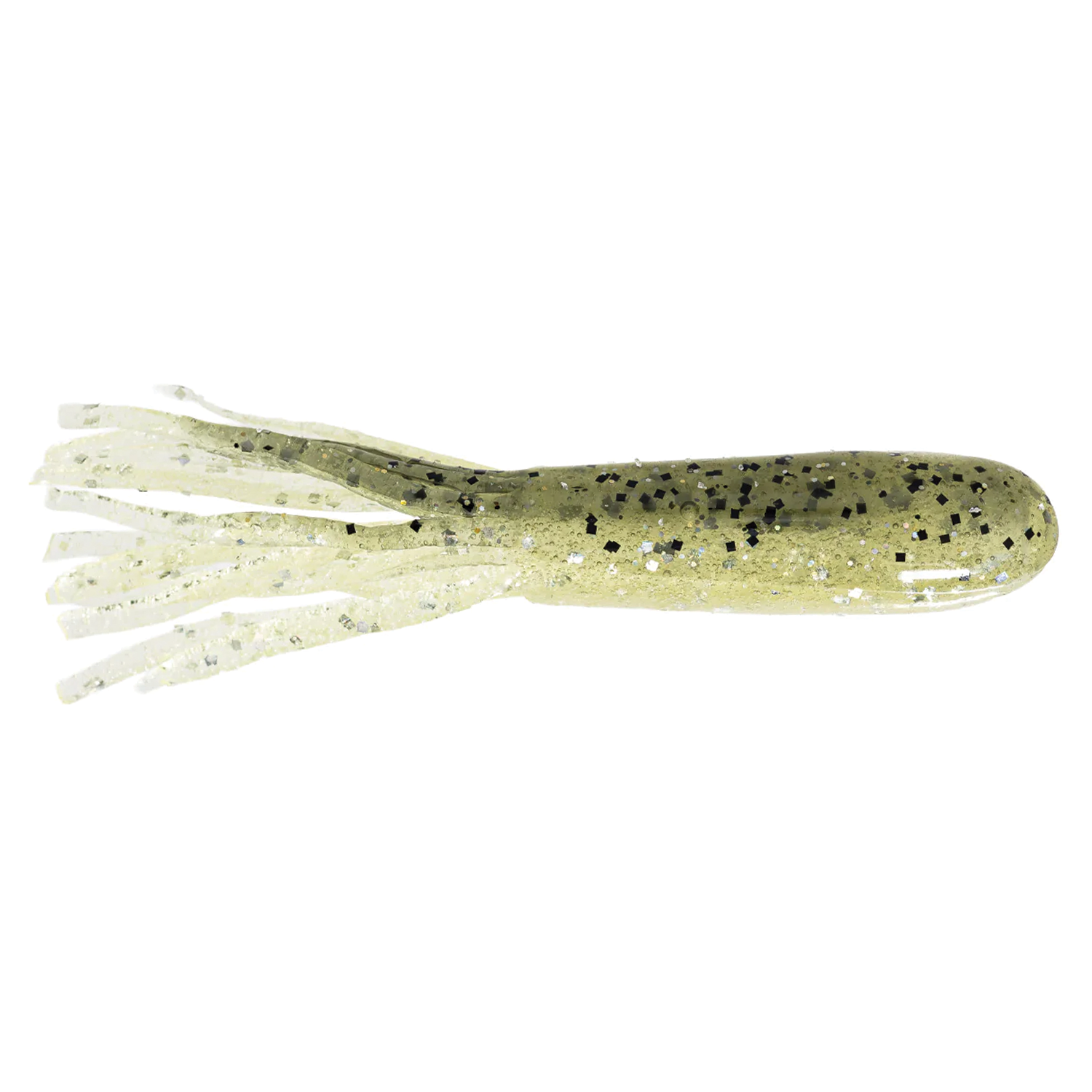 Soft plastic fishing lure in pale translucent green with black and silver glitter, designed to mimic a small aquatic creature, featuring multiple flexible tentacle-like appendages, X-Zone X-Tubes.