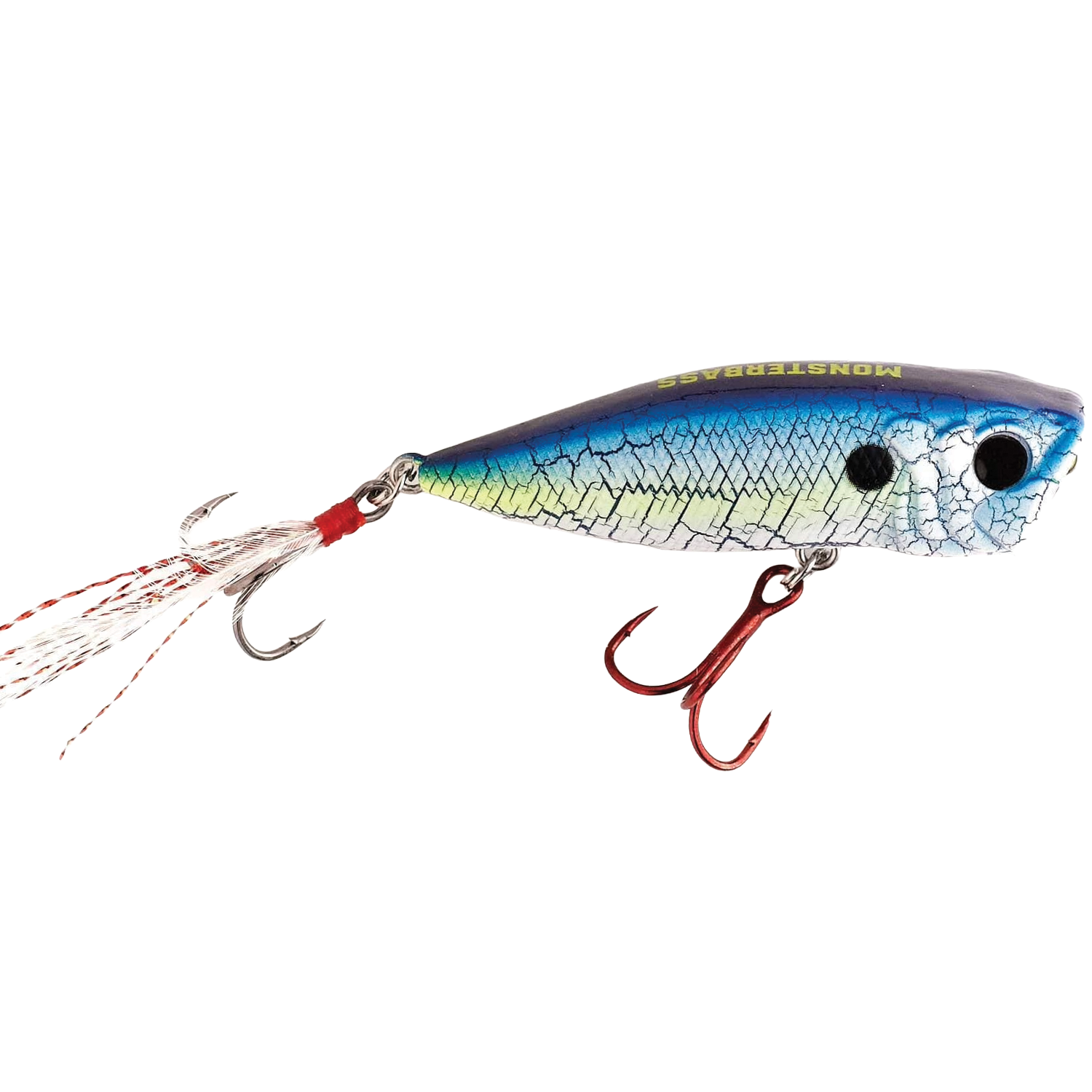 Fishing lure Monsterbass Mad Max with a blue and green scaled body, two treble hooks including one with decorative red and white fibers, designed for musky fishing.