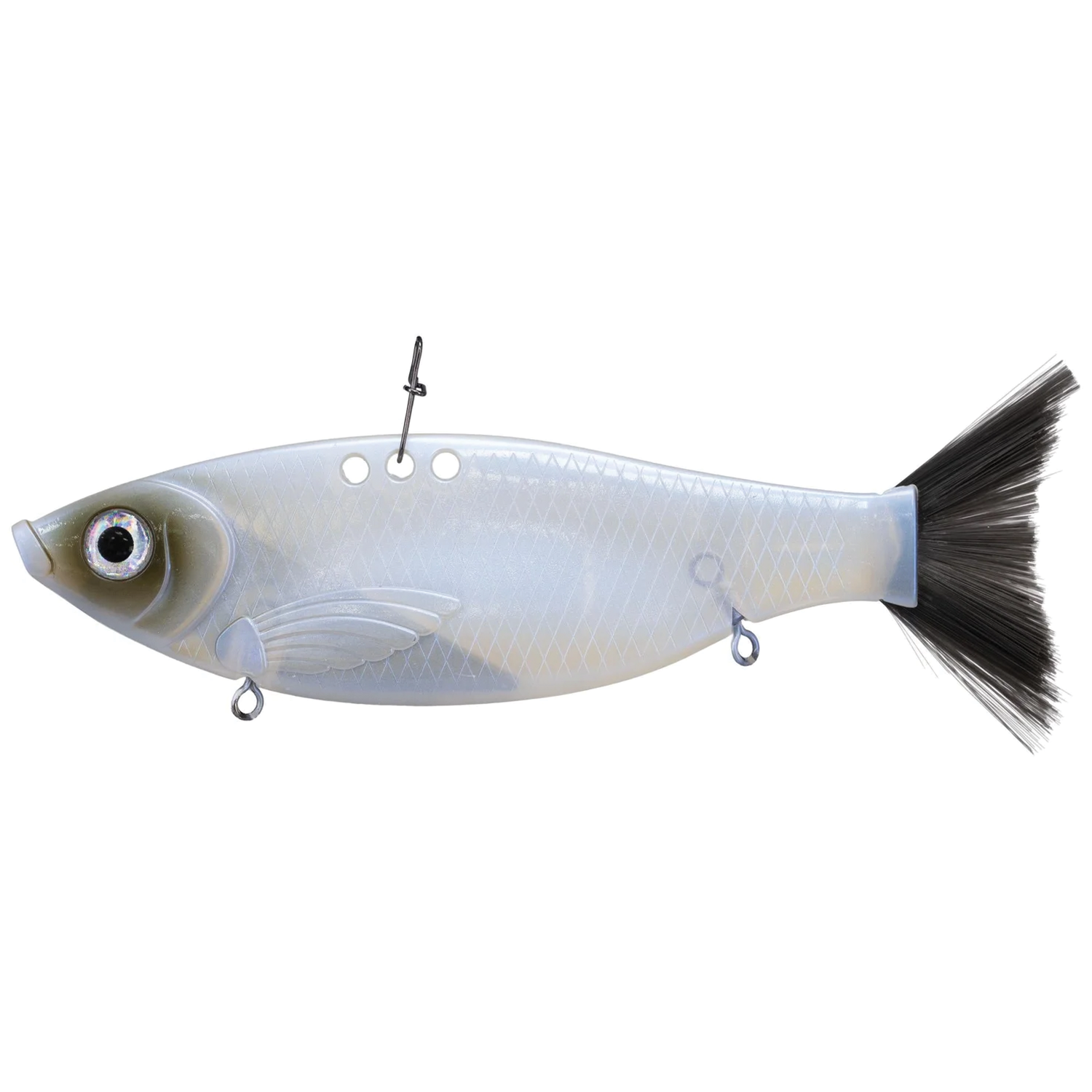 Bill Lewis Big Gizz fishing lure with realistic fish design in translucent white body and black tail, designed for effective musky fishing tackle use.
