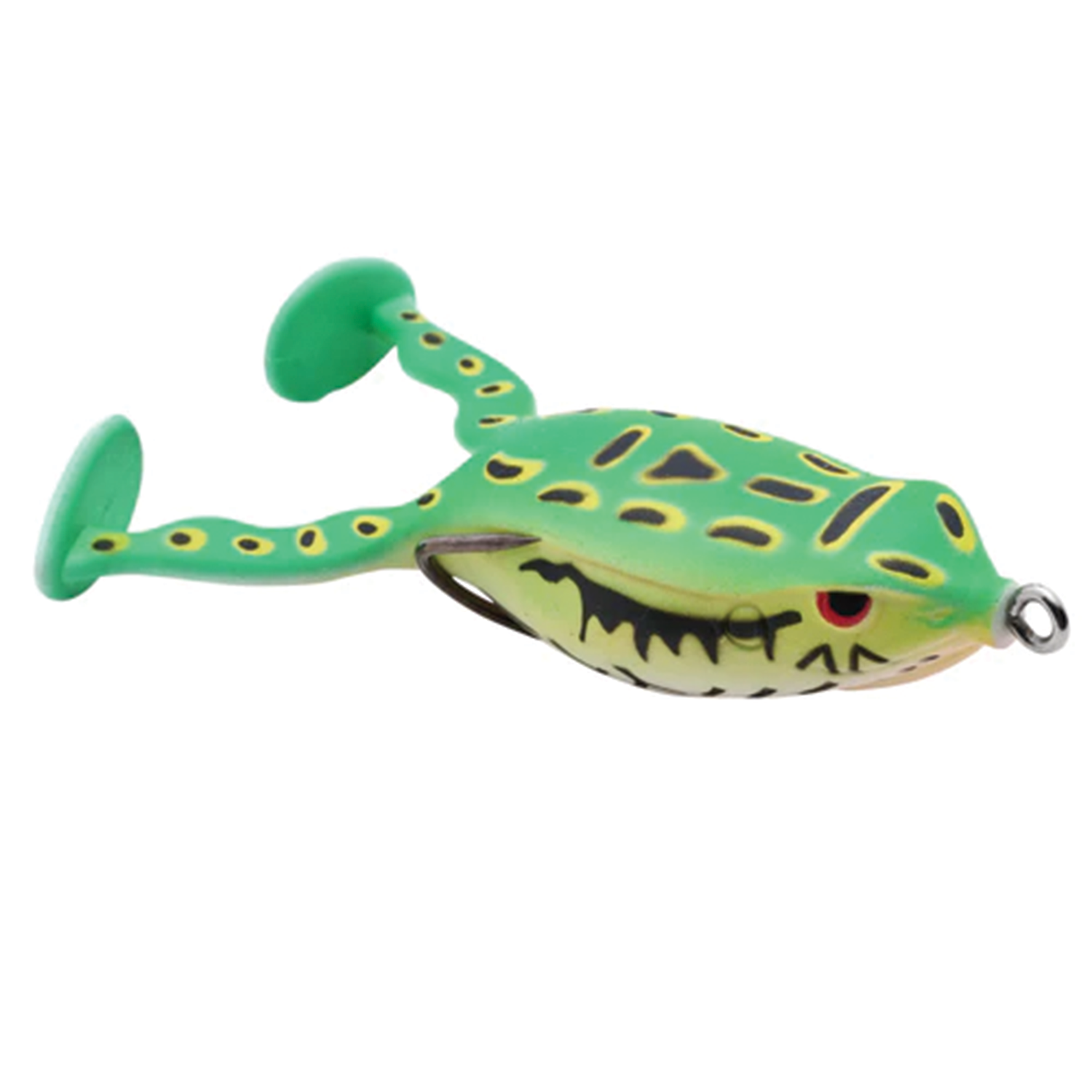 Spro Flappin Frog-65 fishing lure designed to mimic a green frog with detailed black and yellow markings and two flexible limbs for realistic water movement.