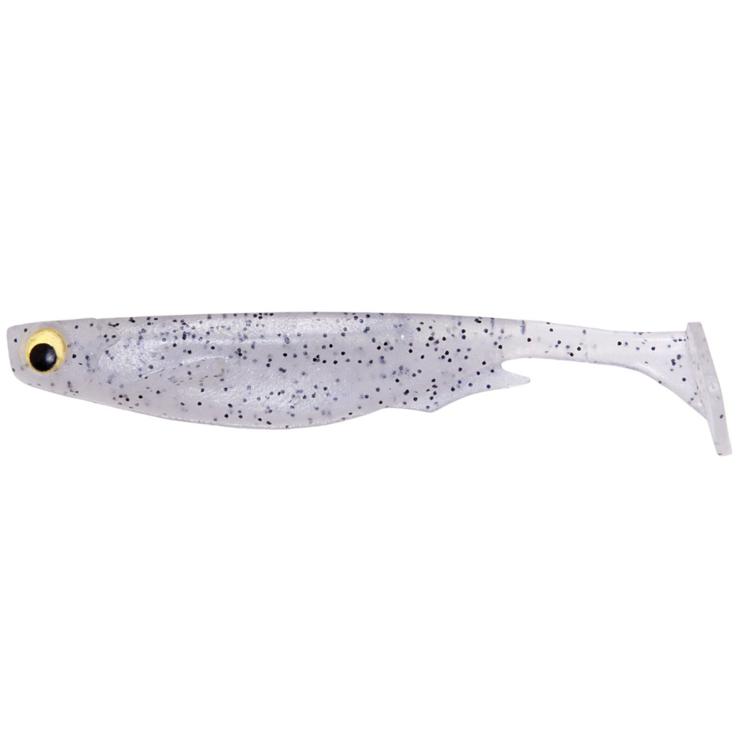 Megabass Spark Shad soft fishing lure in translucent white with black speckles, lifelike yellow and black eye, designed for freshwater fishing tackle.