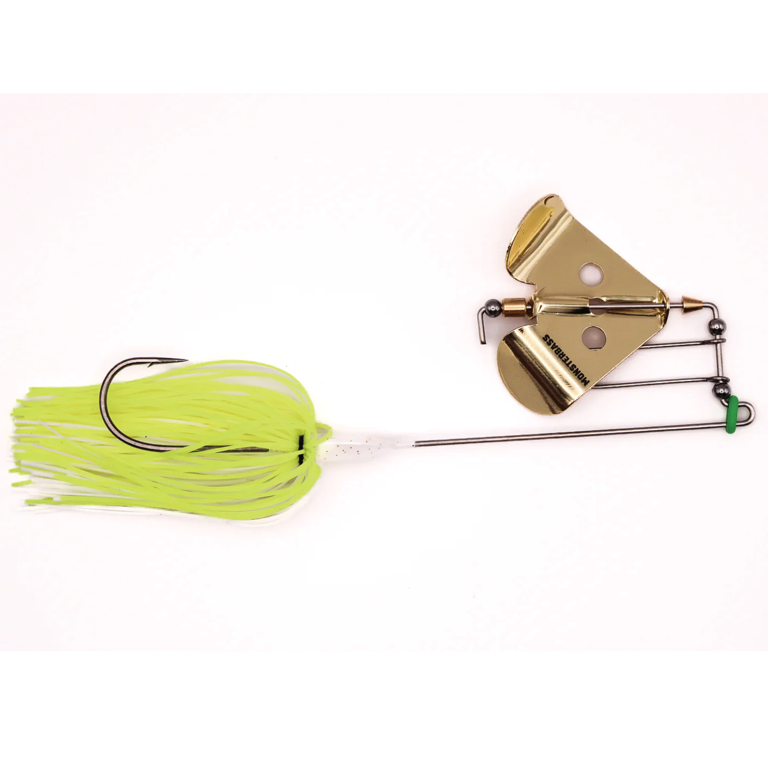 Fishing lure with a gold blade on a white background