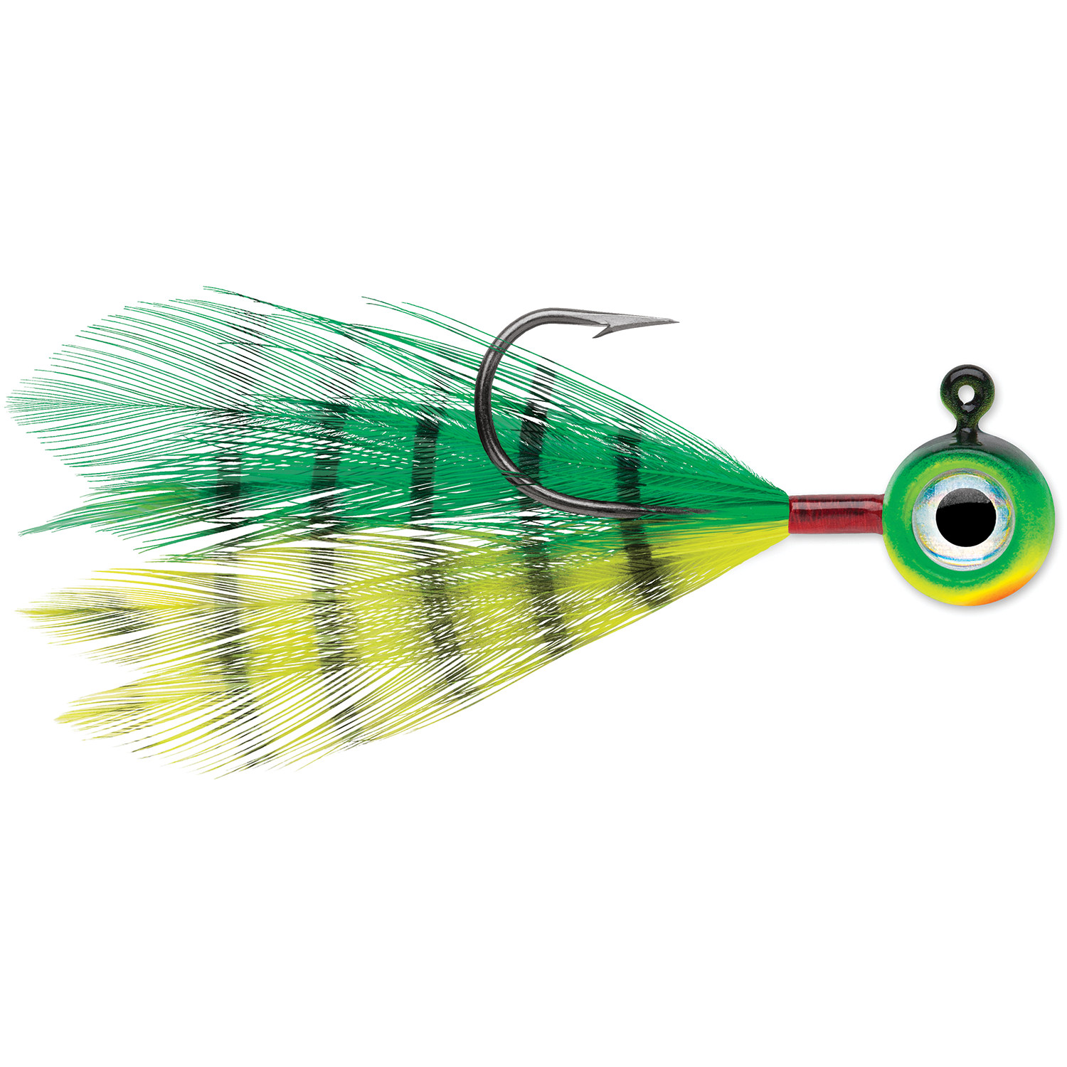VMC Moon Fly Jig fishing lure with green and yellow striped feather skirt, lifelike eye pattern on weighted head, and sharp single hook for musky fishing tackle.